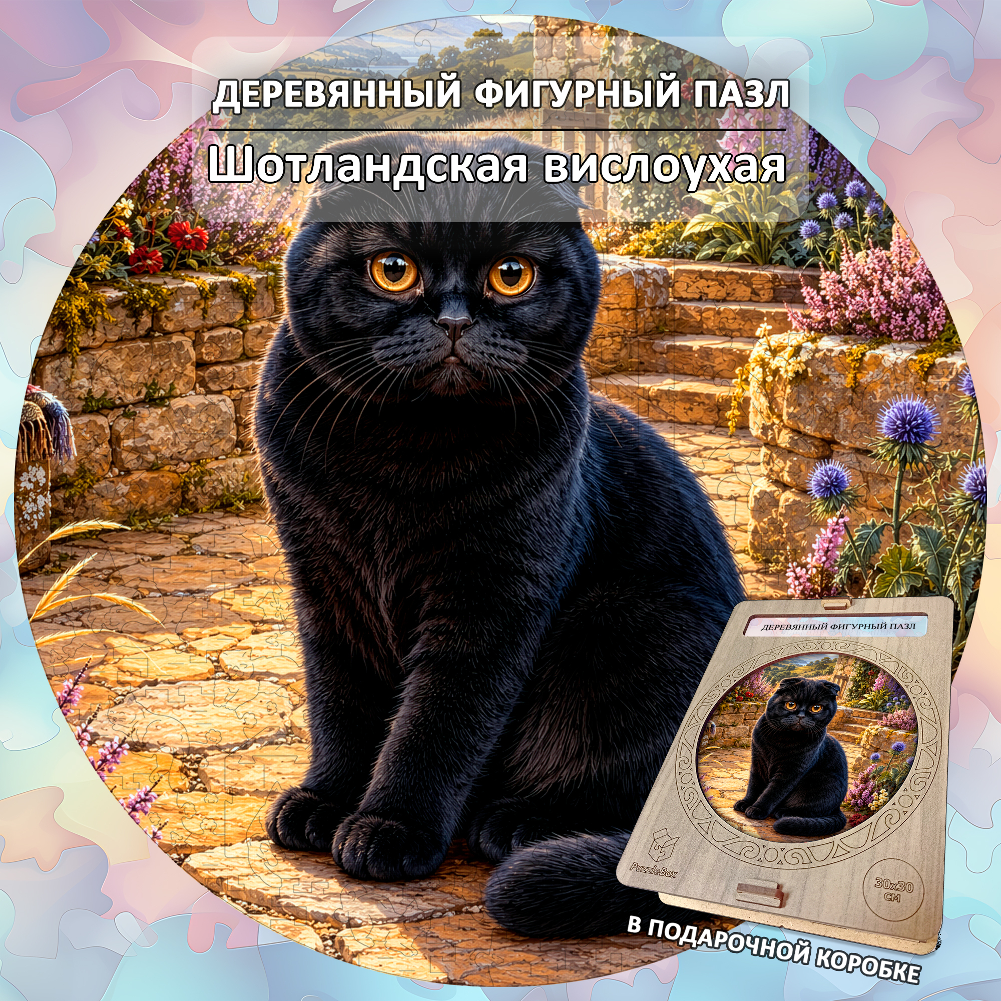 Деревянный пазл Черная шотландская вислоухая кошка / 30х30см, 200 деталей
