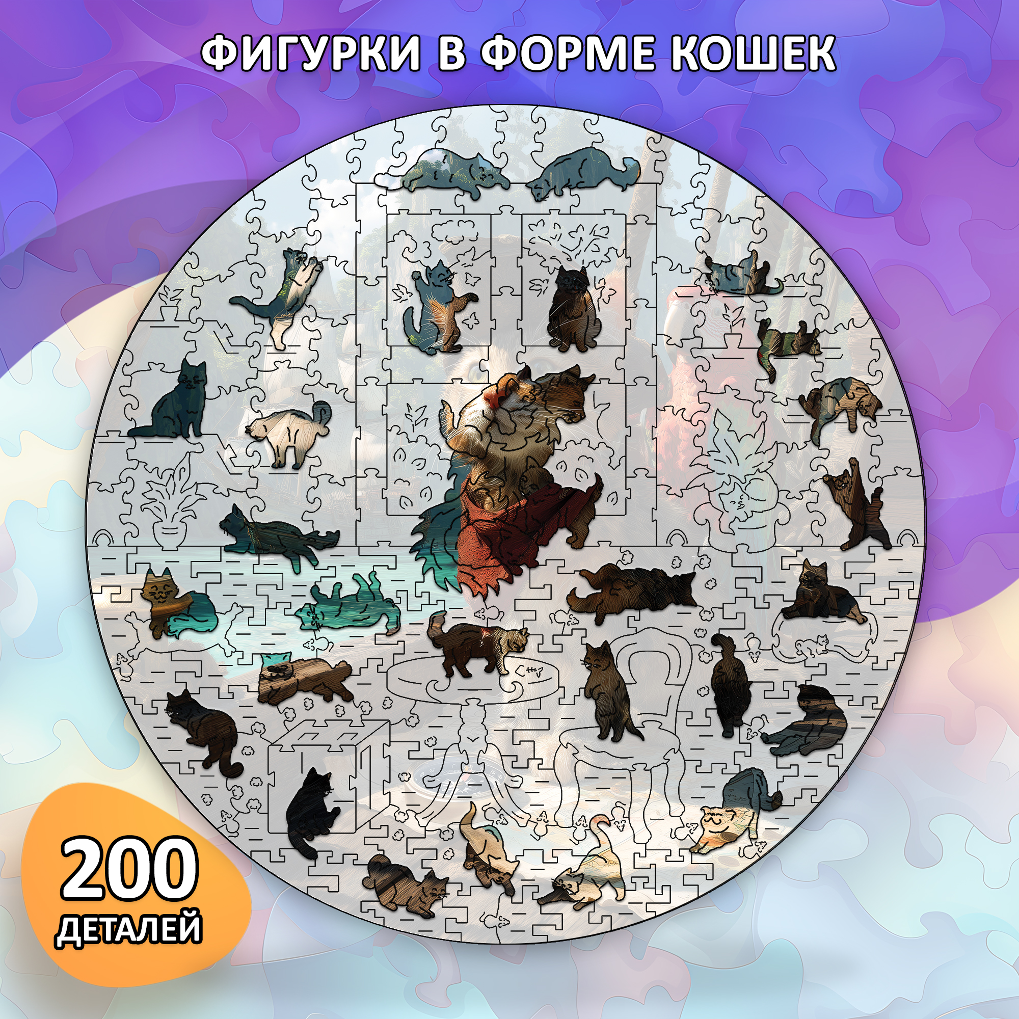 Деревянный пазл коллекции «Мир кошек» / 30х30см, 200 деталей / Артикул CT058
