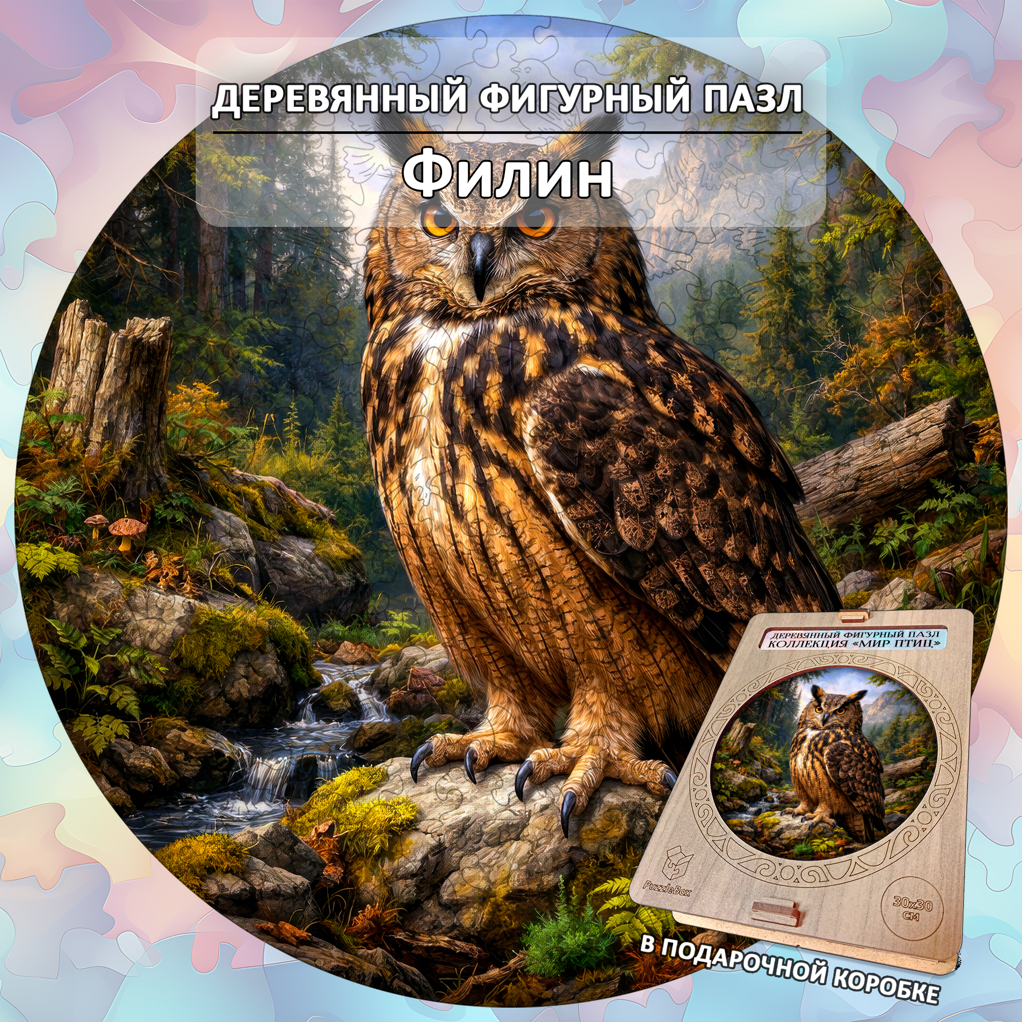 Деревянный пазл "Филин", 30х30см, 223 детали