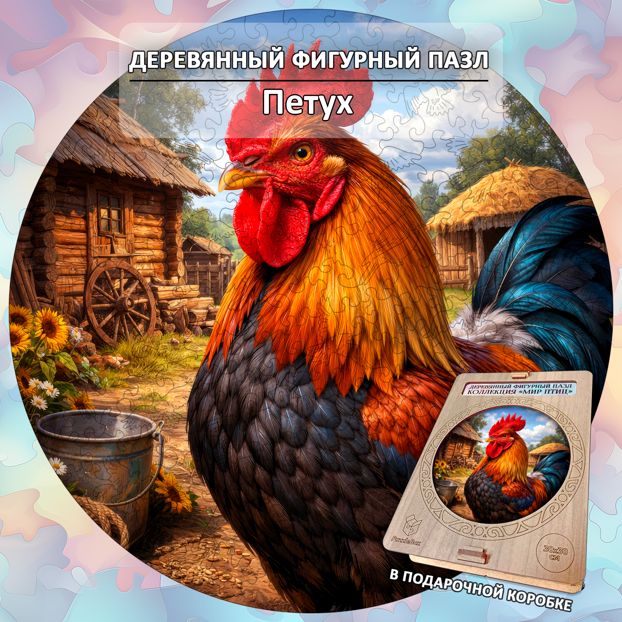 Деревянный пазл "Петух", 30х30см, 223 детали