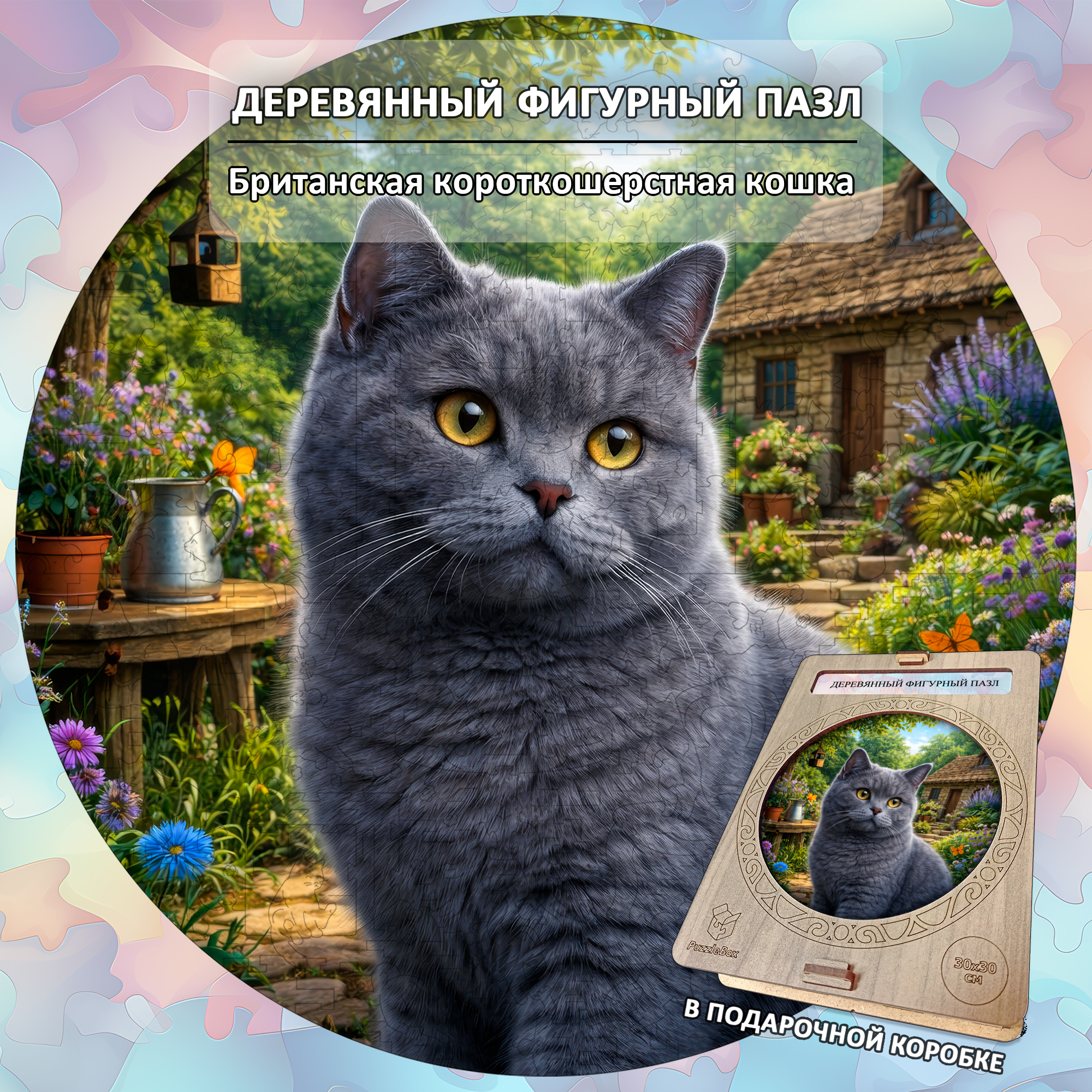 Деревянный пазл Британская короткошерстная кошка / 30х30см, 200 деталей