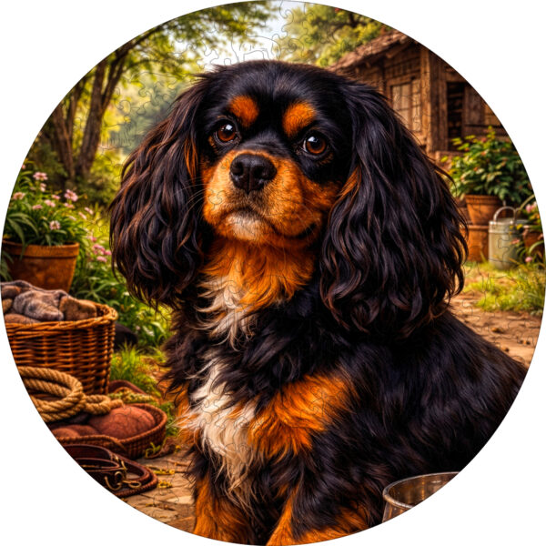 Деревянный пазл Кавалер-кинг-чарльз-спаниель черно-подпалого окраса, Мир собак / 30х30см