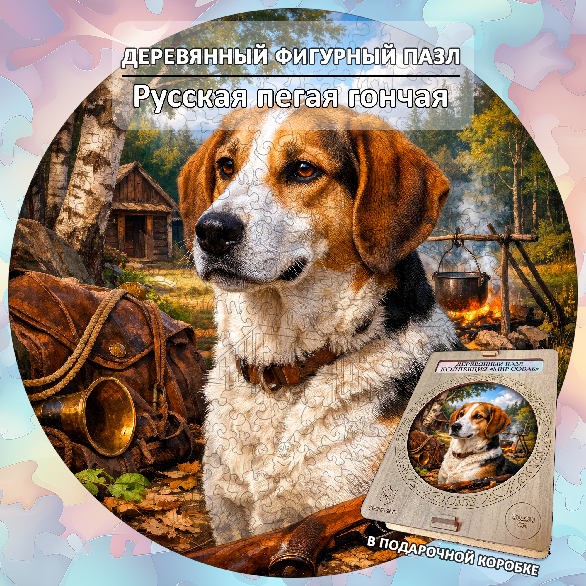 Деревянный пазл Русская пегая гончая, Мир собак / 30х30см