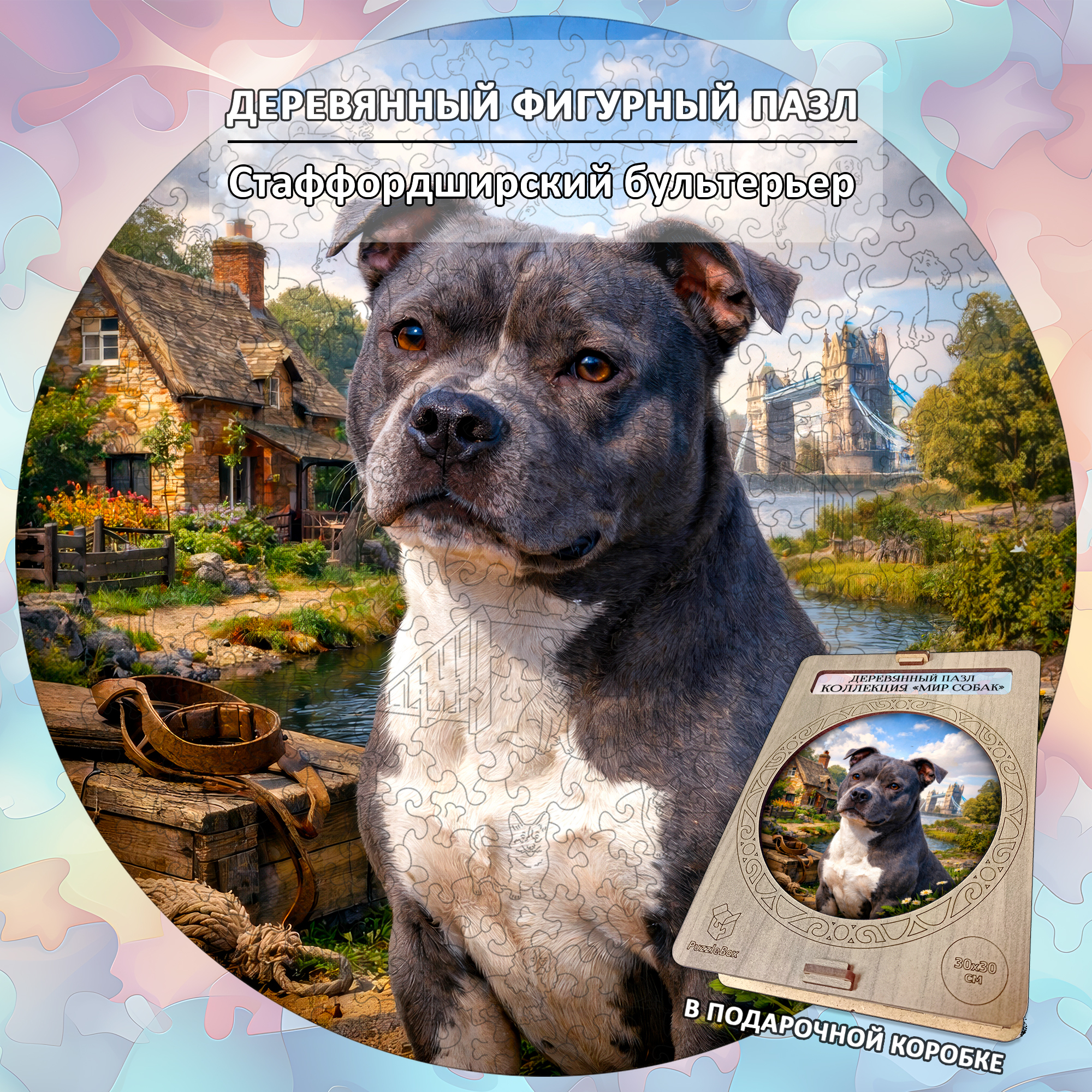 Деревянный пазл Стаффордширский бультерьер / 30х30см