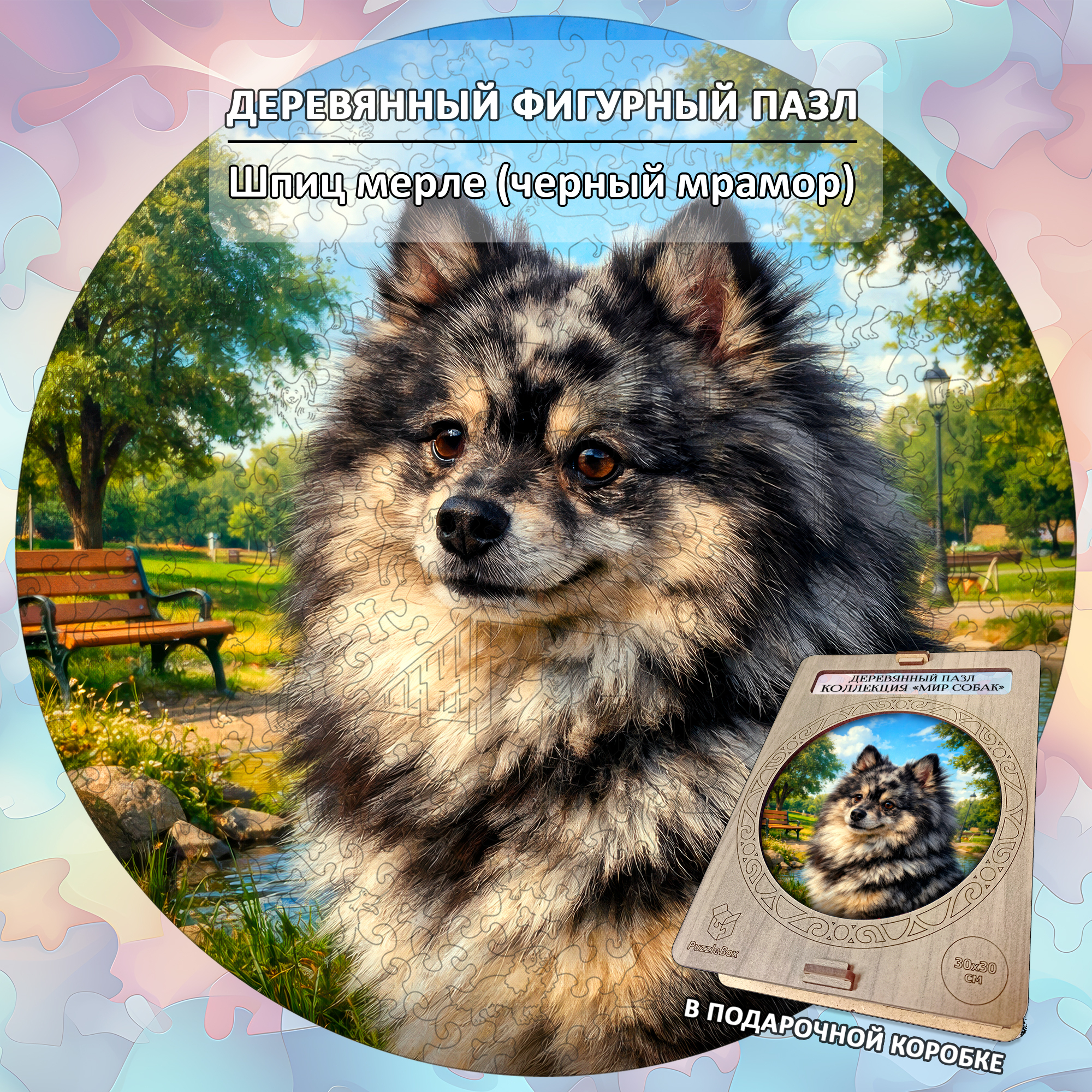 Деревянный пазл Шпиц окраса мерле (черный мрамор) / 30х30см