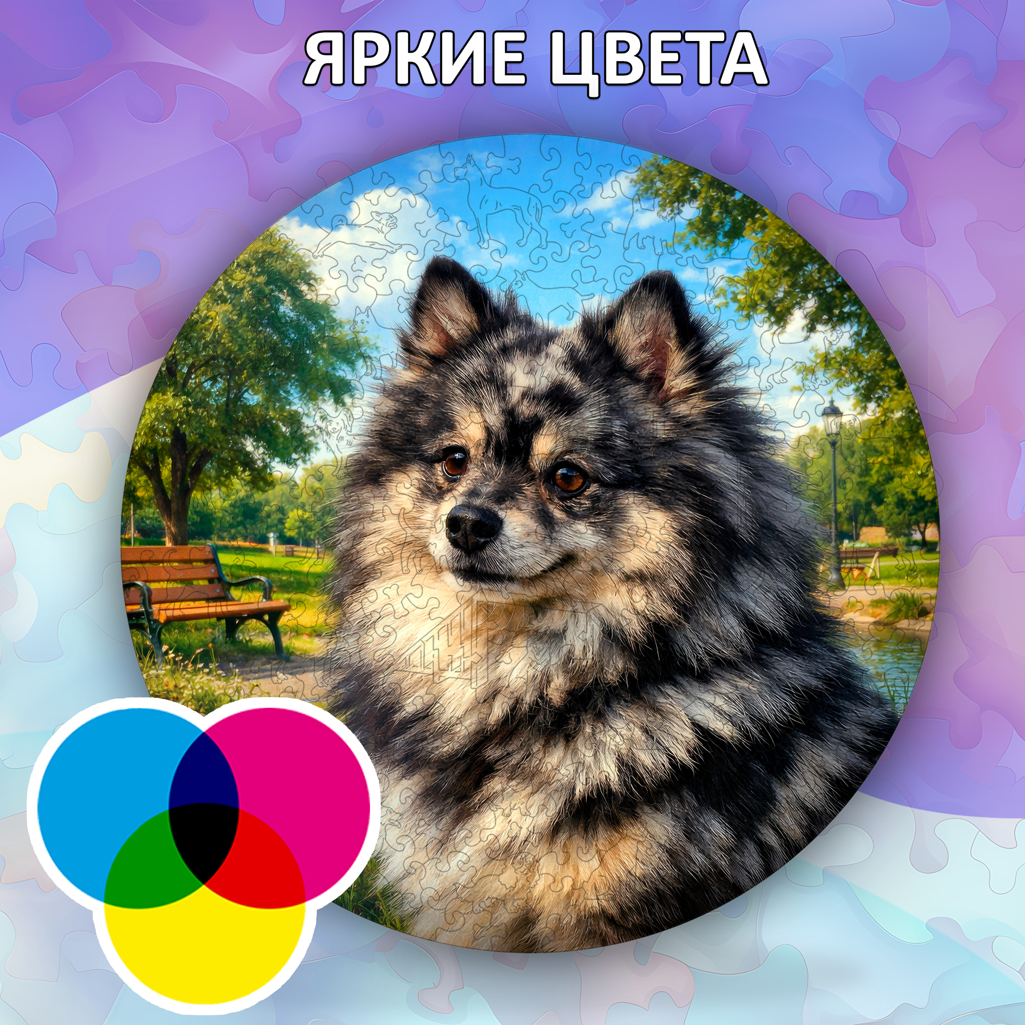 Деревянный пазл Шпиц окраса мерле (черный мрамор) / 30х30см