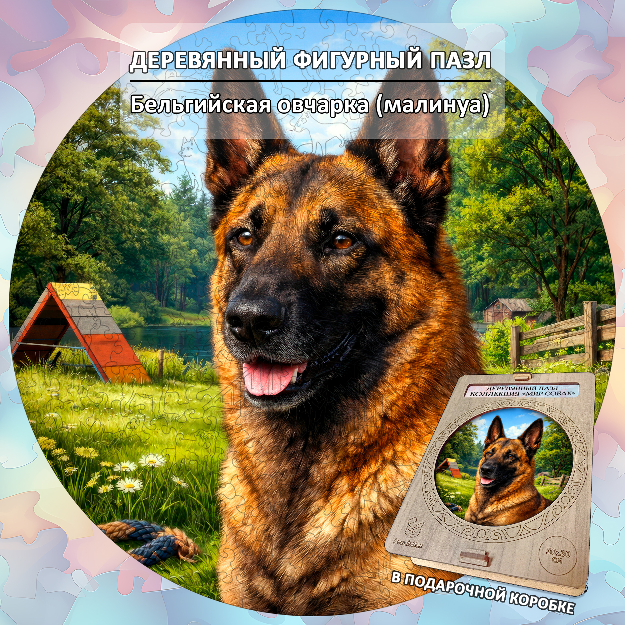 Деревянный пазл Бельгийская овчарка (малинуа) / 30х30см