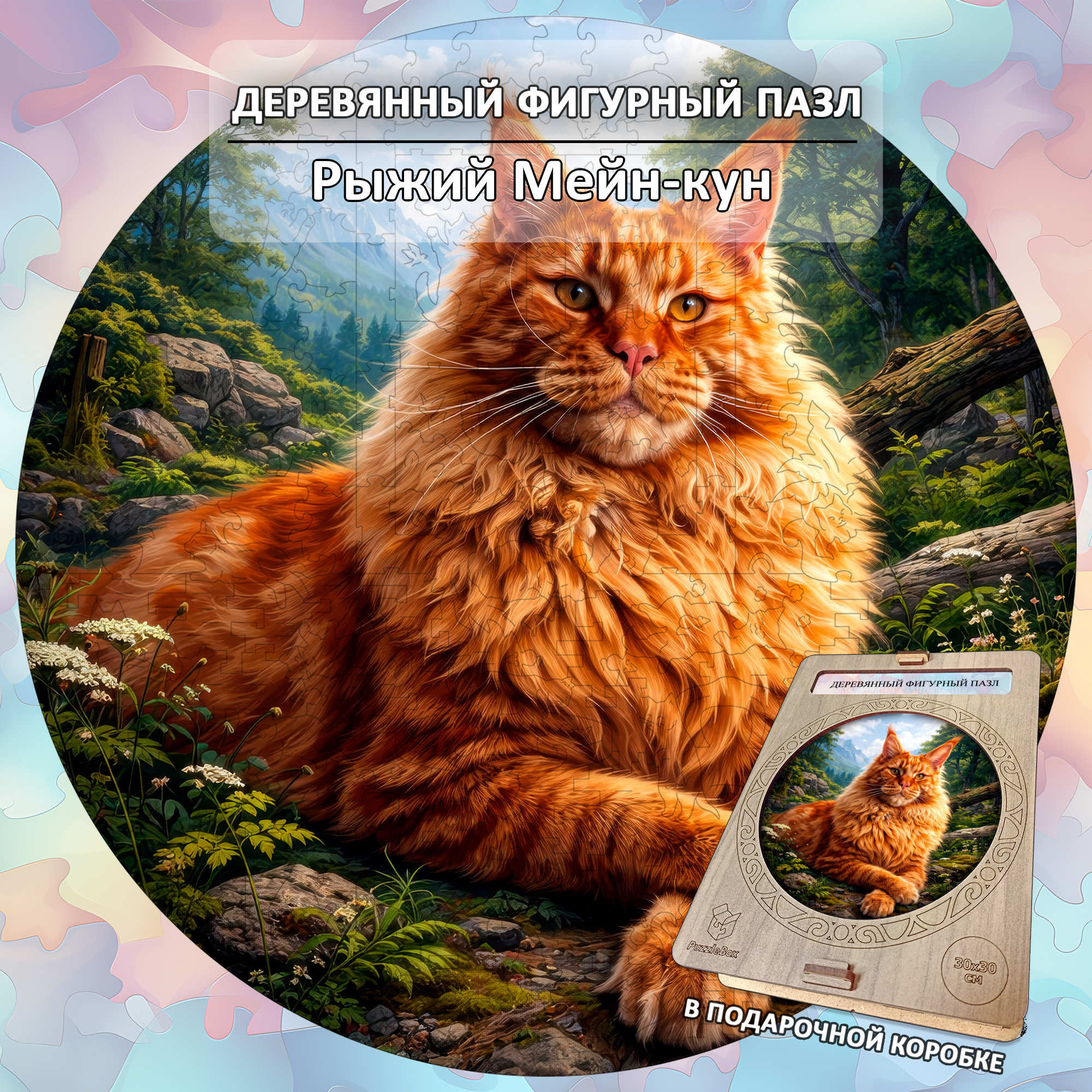Деревянный пазл Рыжий Мейн-кун / 30х30см, 200 деталей