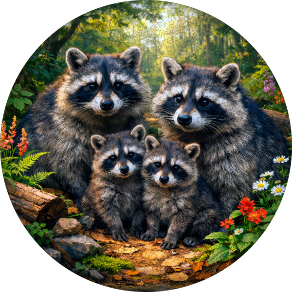 Деревянный пазл «Семья енотов с двумя детенышами» / 30х30см, 220 деталей