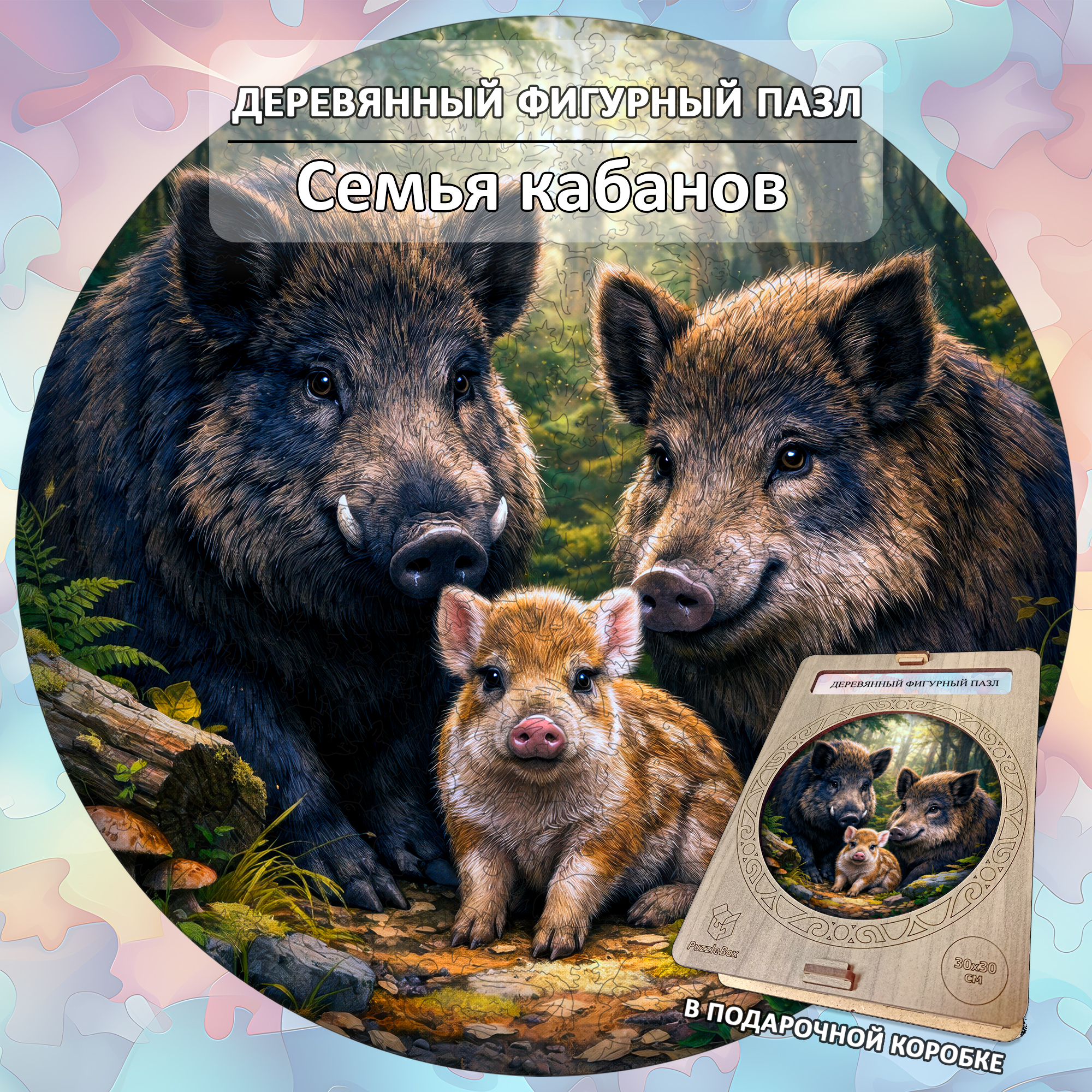 Деревянный пазл «Семья кабанов» / 30х30см, 220 деталей