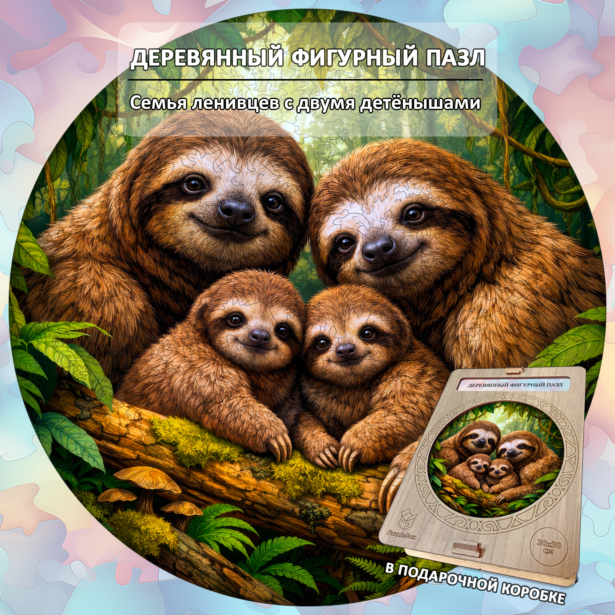 Деревянный пазл «Семья ленивцев с двумя детенышами» / 30х30см, 220 деталей