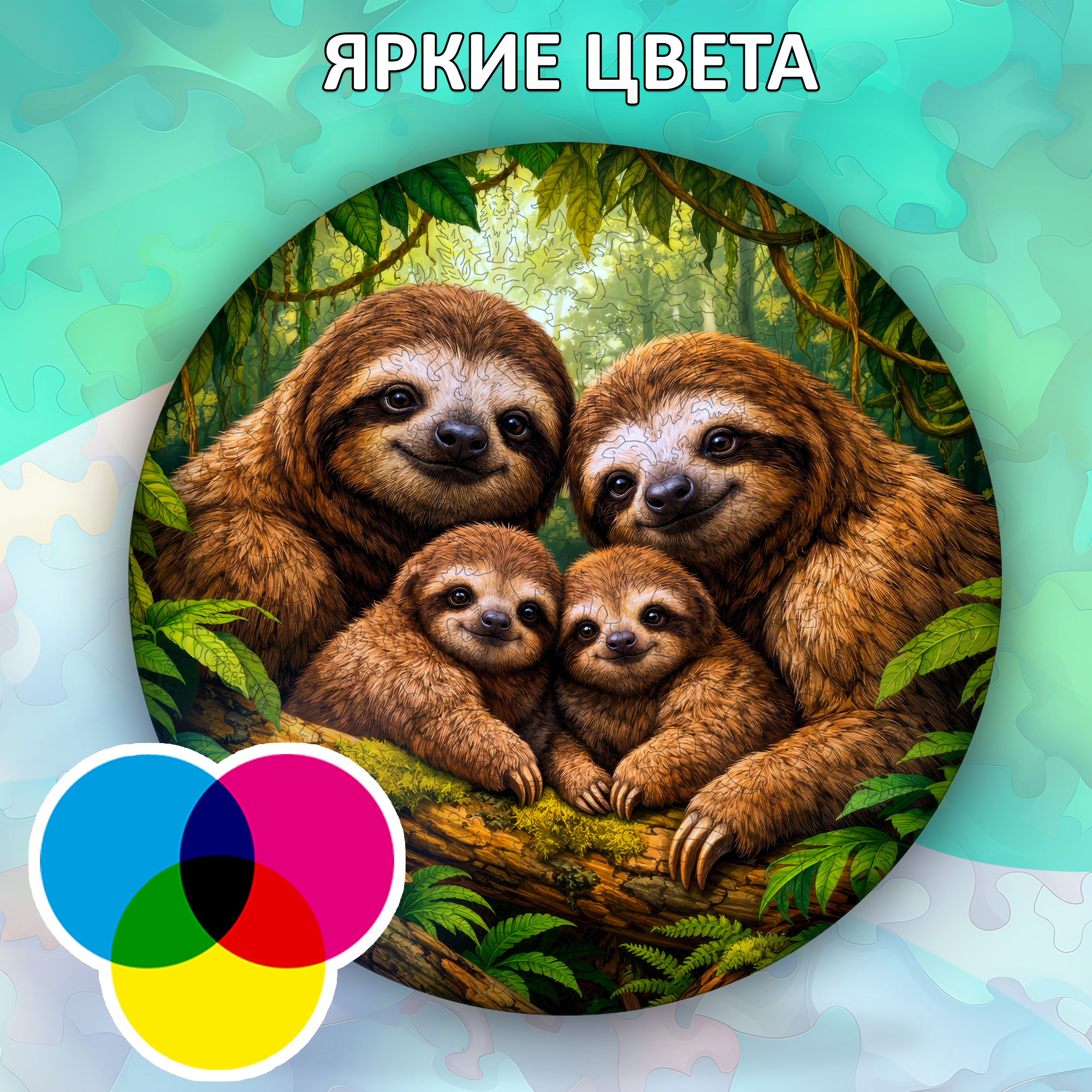 Деревянный пазл «Семья ленивцев с двумя детенышами» / 30х30см, 220 деталей