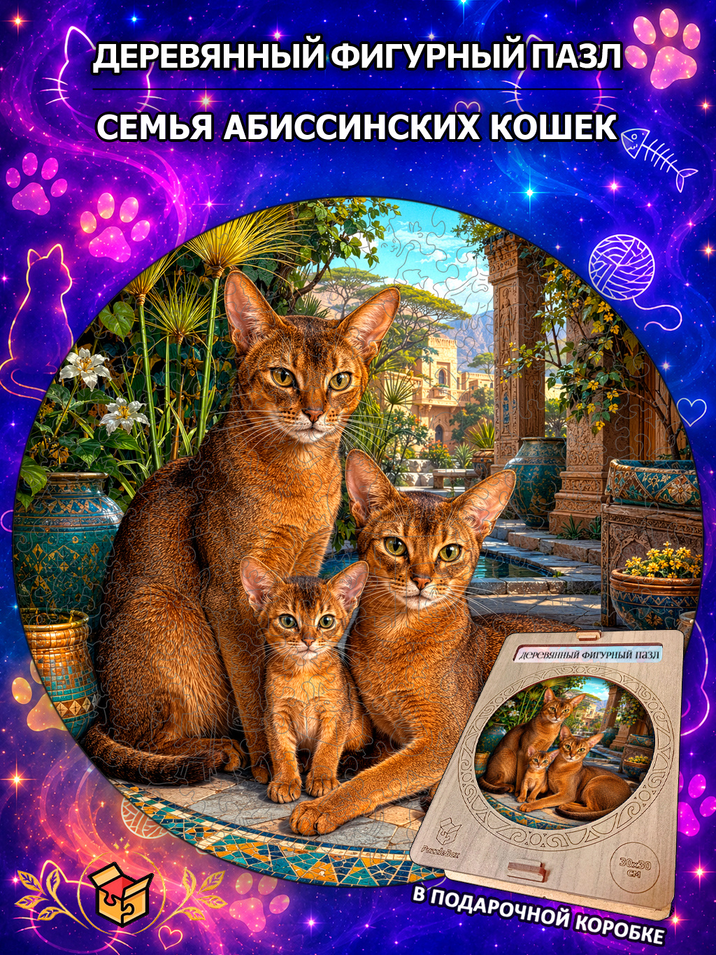 Деревянный пазл "Семья абиссинских кошек" / 30см, 200 деталей