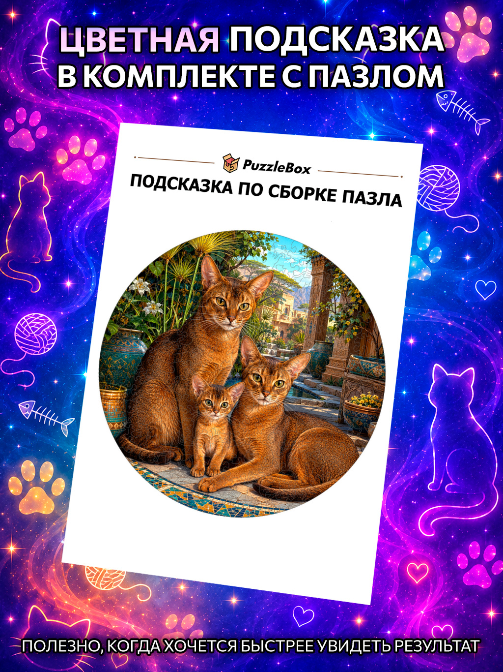 Деревянный пазл "Семья абиссинских кошек" / 30см, 200 деталей