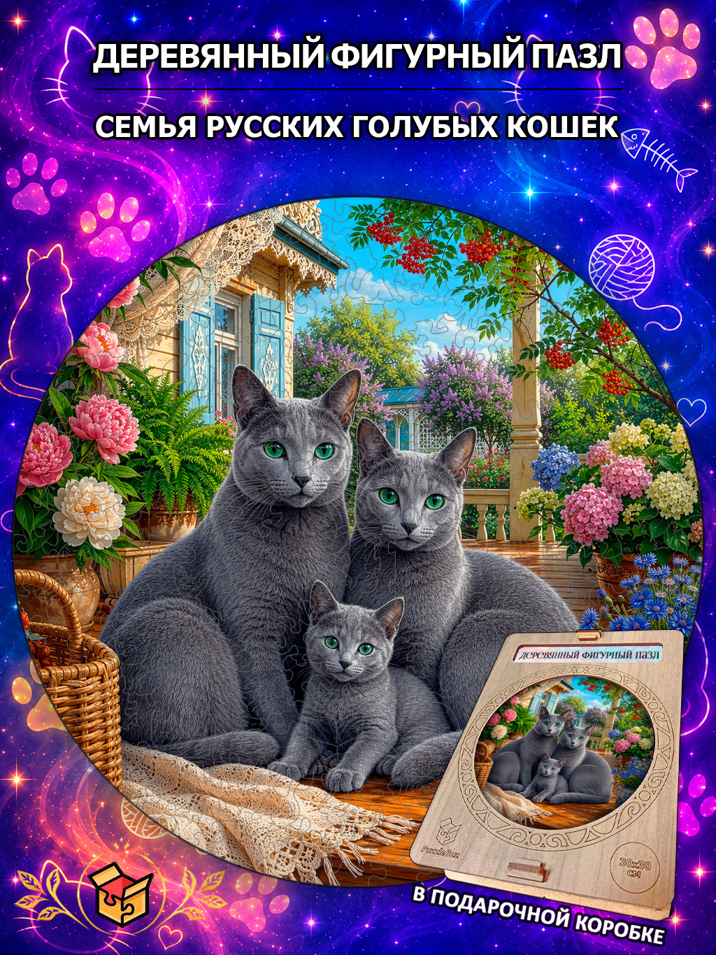 Деревянный пазл "Семья русских голубых кошек" / 30см, 200 деталей