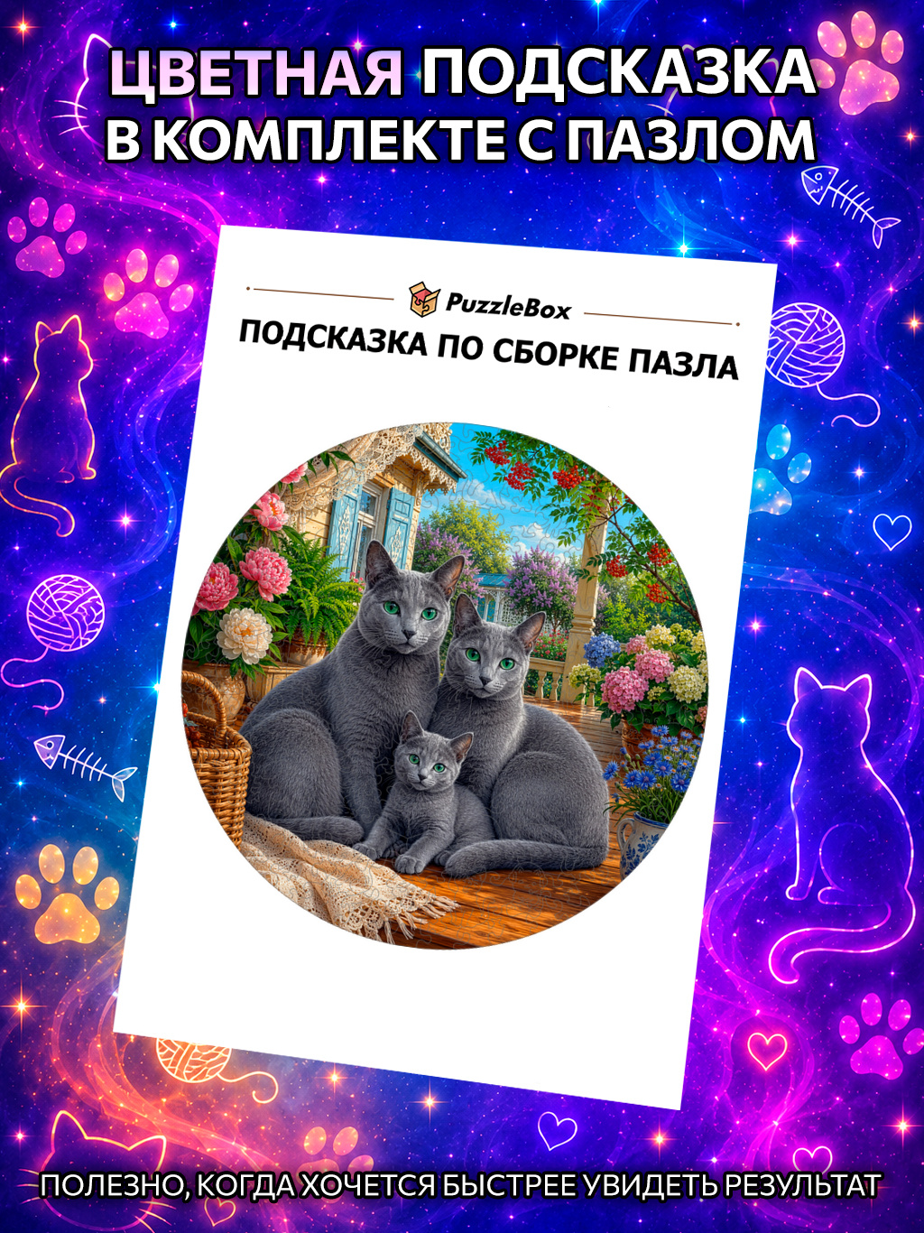 Деревянный пазл "Семья русских голубых кошек" / 30см, 200 деталей