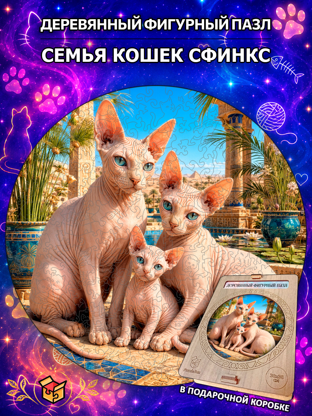 Деревянный пазл "Семья кошек сфинкс" / 30см, 200 деталей