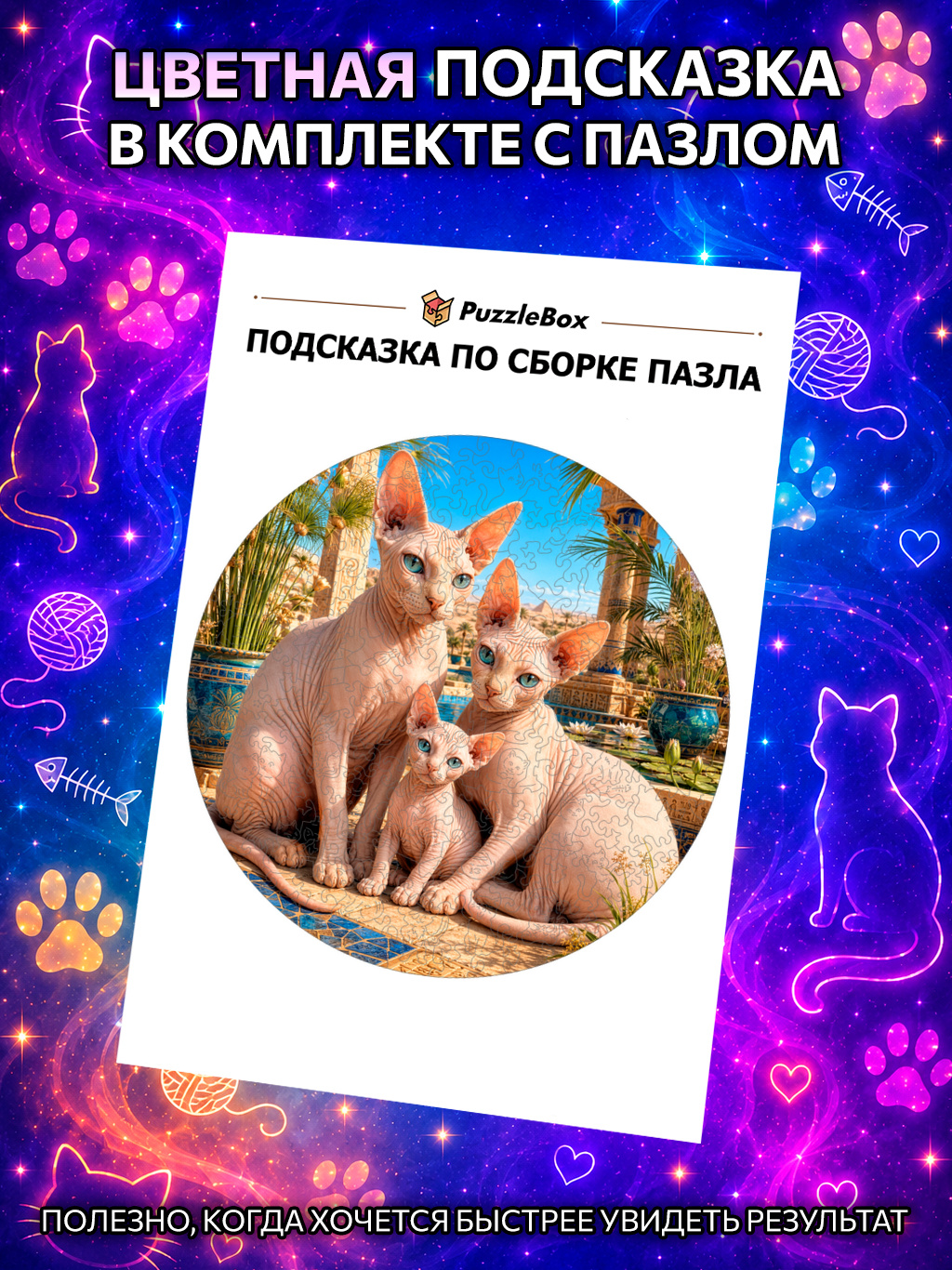 Деревянный пазл "Семья кошек сфинкс" / 30см, 200 деталей