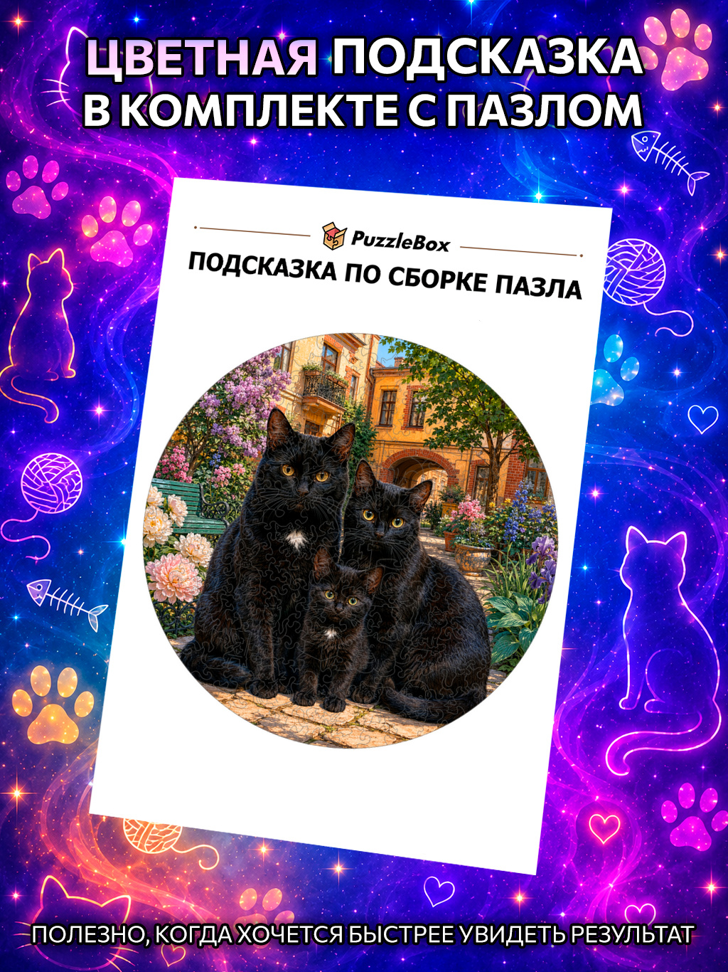Деревянный пазл "Семья чёрных кошек" / 30см, 200 деталей