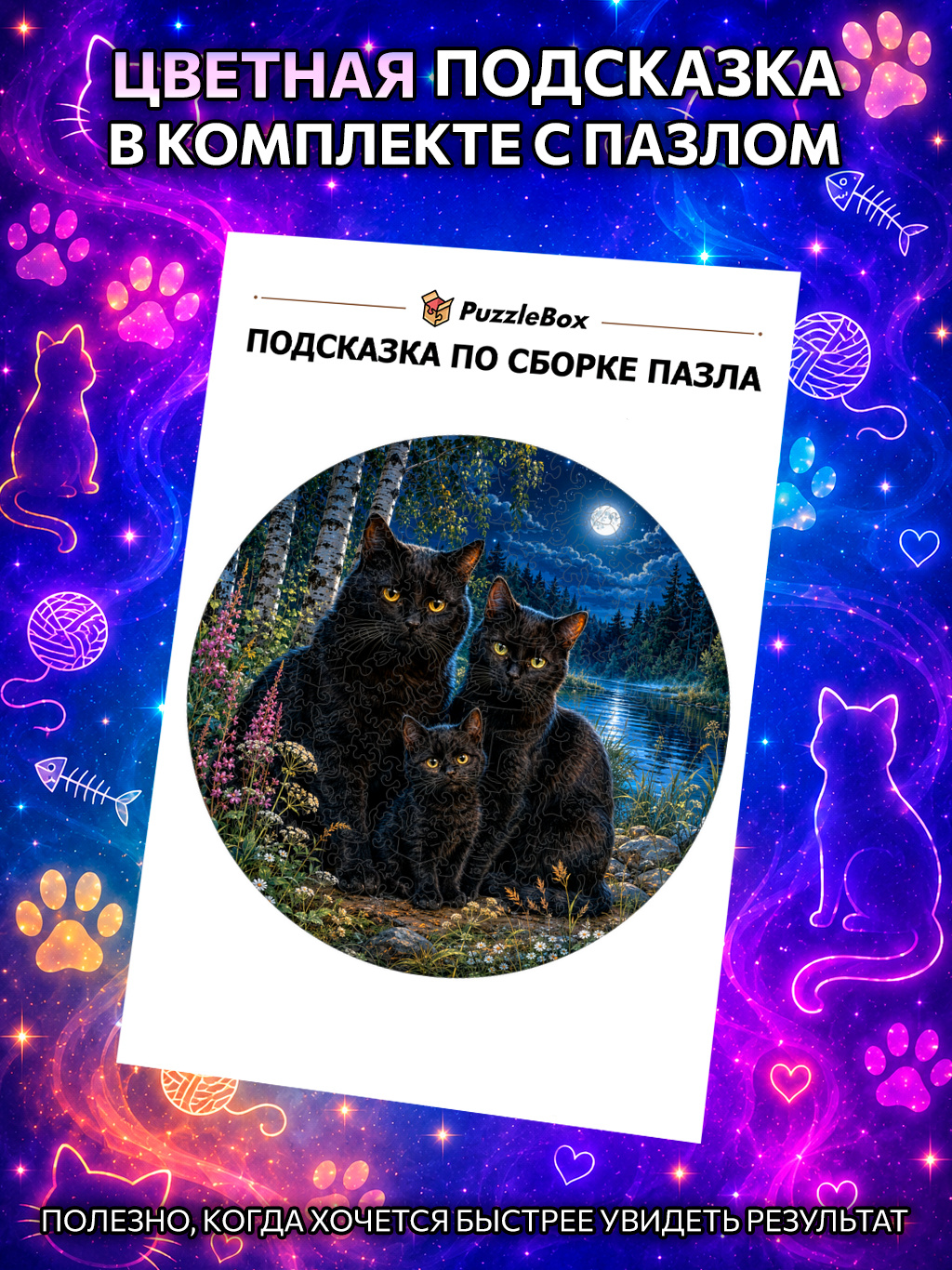 Деревянный пазл "Семья чёрных кошек у озера" / 30см, 200 деталей