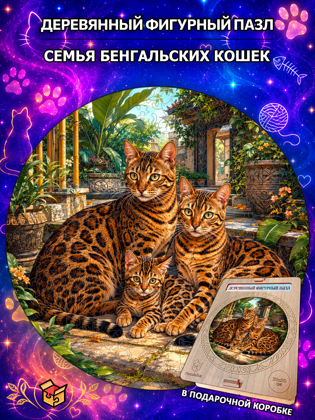 Деревянный пазл "Семья бенгальских кошек" / 30см, 200 деталей