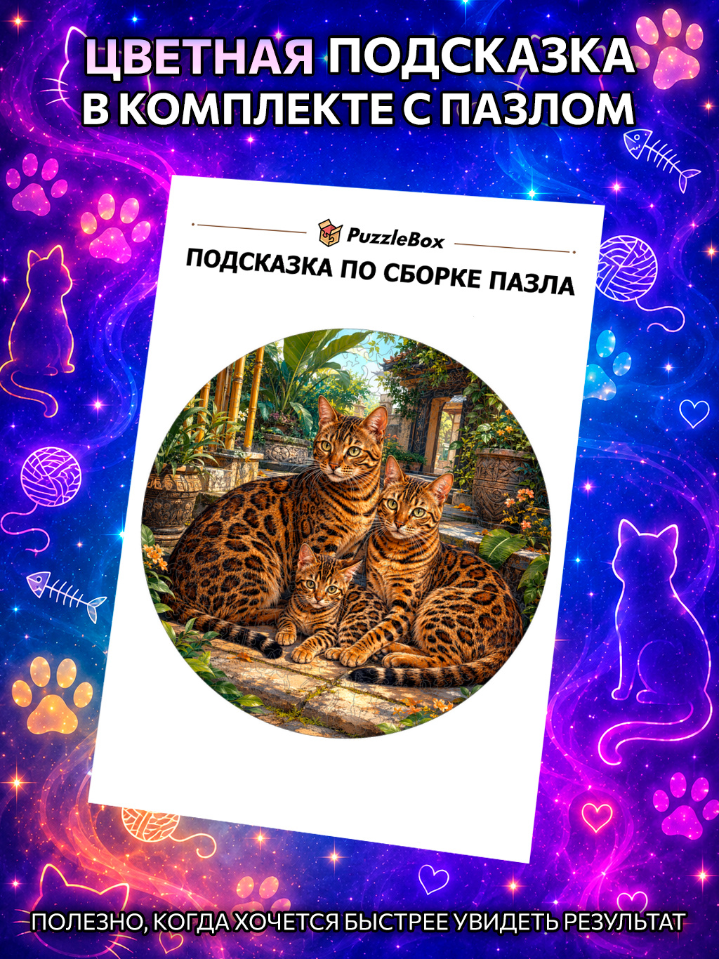 Деревянный пазл "Семья бенгальских кошек" / 30см, 200 деталей