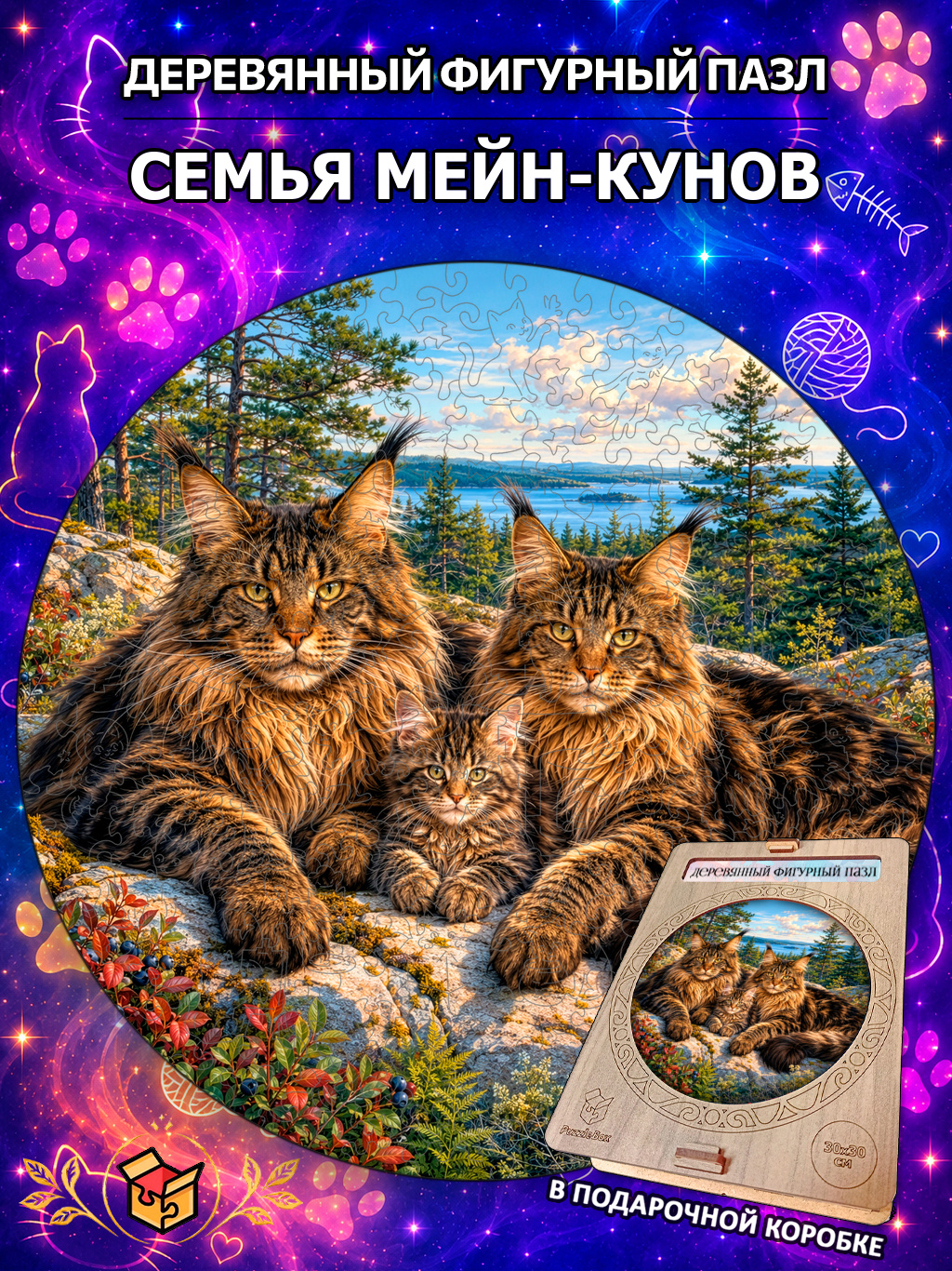 Деревянный пазл "Семья мейн-кунов" / 30см, 200 деталей