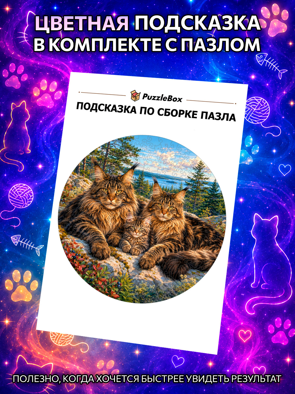 Деревянный пазл "Семья мейн-кунов" / 30см, 200 деталей