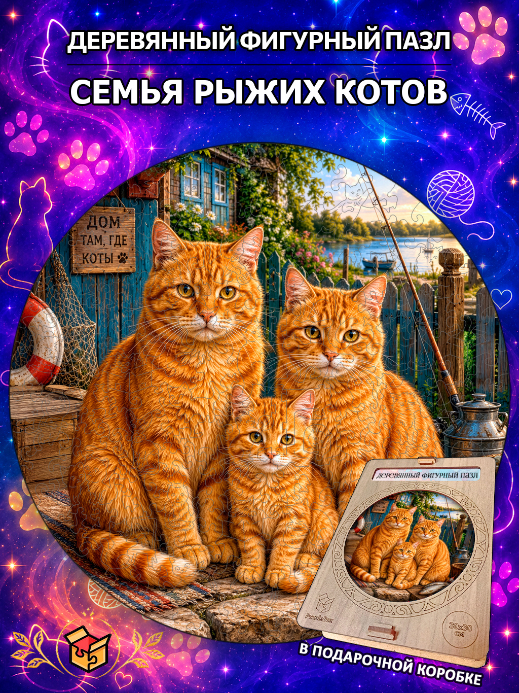 Деревянный пазл "Семья рыжих котов" / 30см, 200 деталей