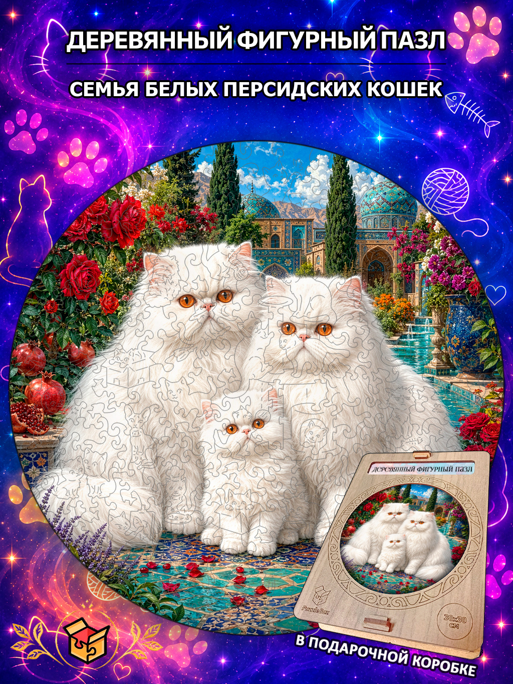 Деревянный пазл "Семья белых персидских кошек" / 30см, 200 деталей