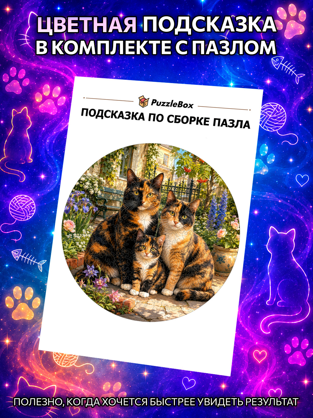 Деревянный пазл "Семья трёхцветных кошек" / 30см, 200 деталей