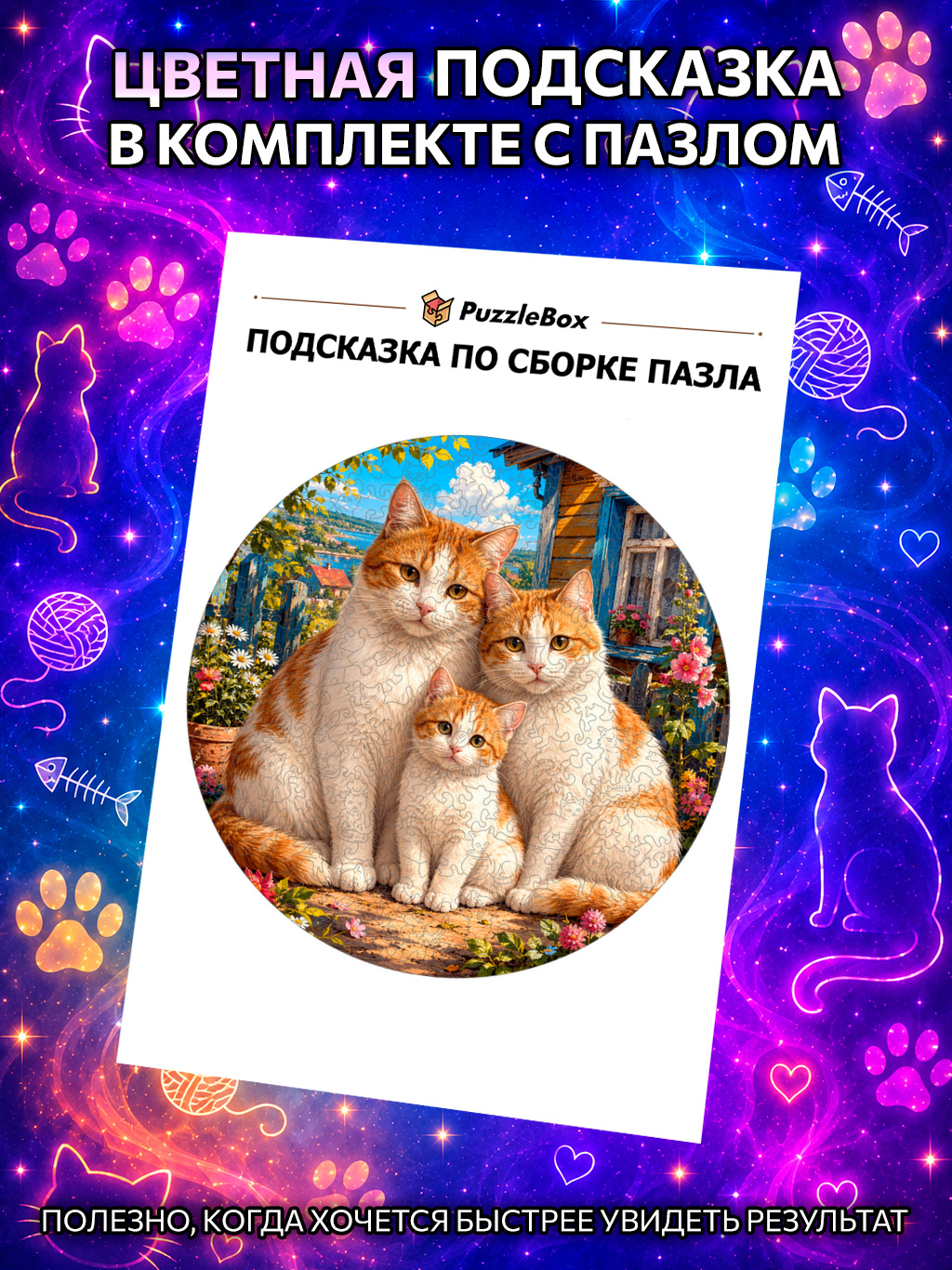 Деревянный пазл "Семья рыже-белых кошек" / 30см, 200 деталей