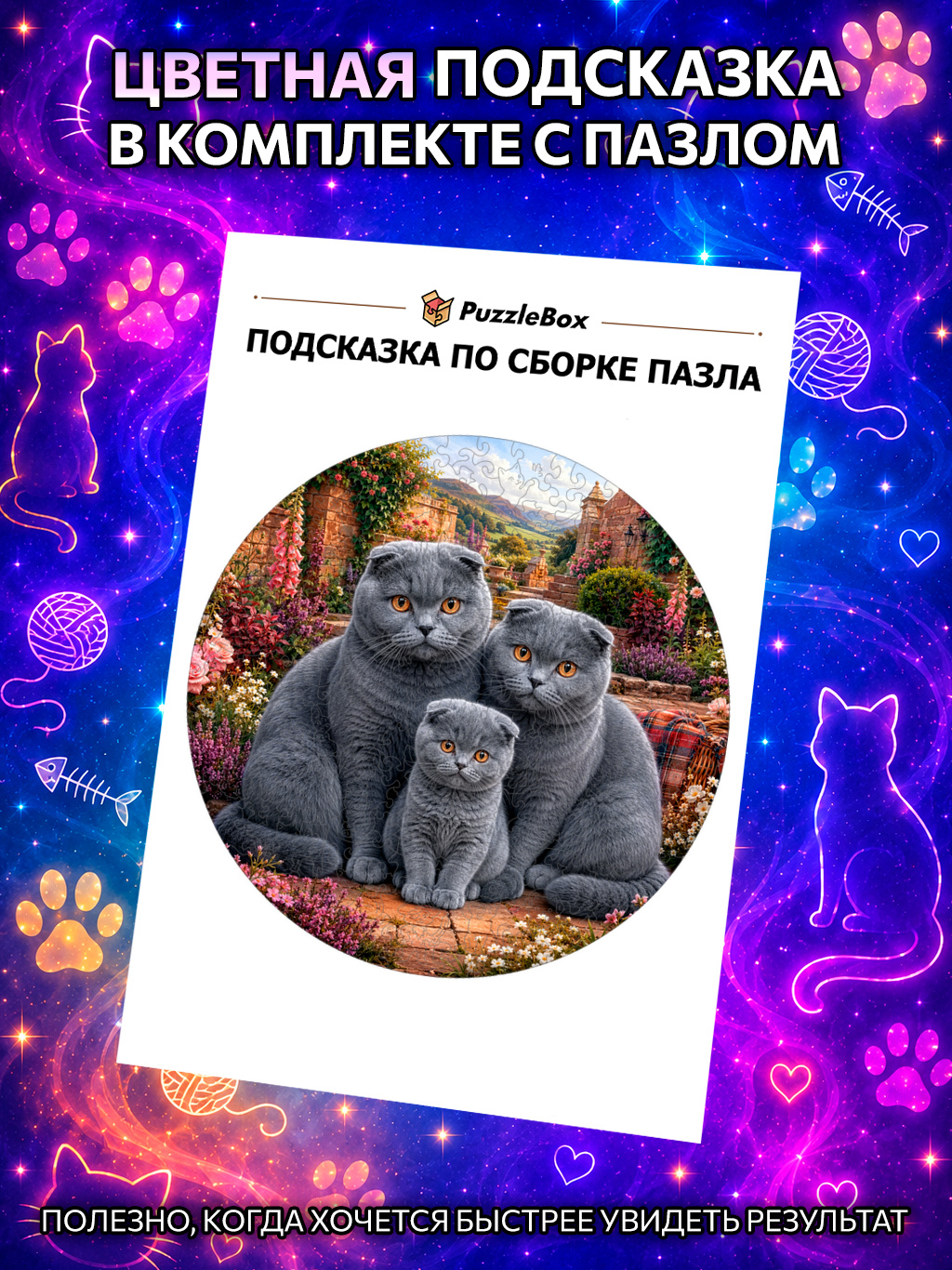 Деревянный пазл "Семья голубых шотландских вислоухих кошек" / 30см, 200 деталей