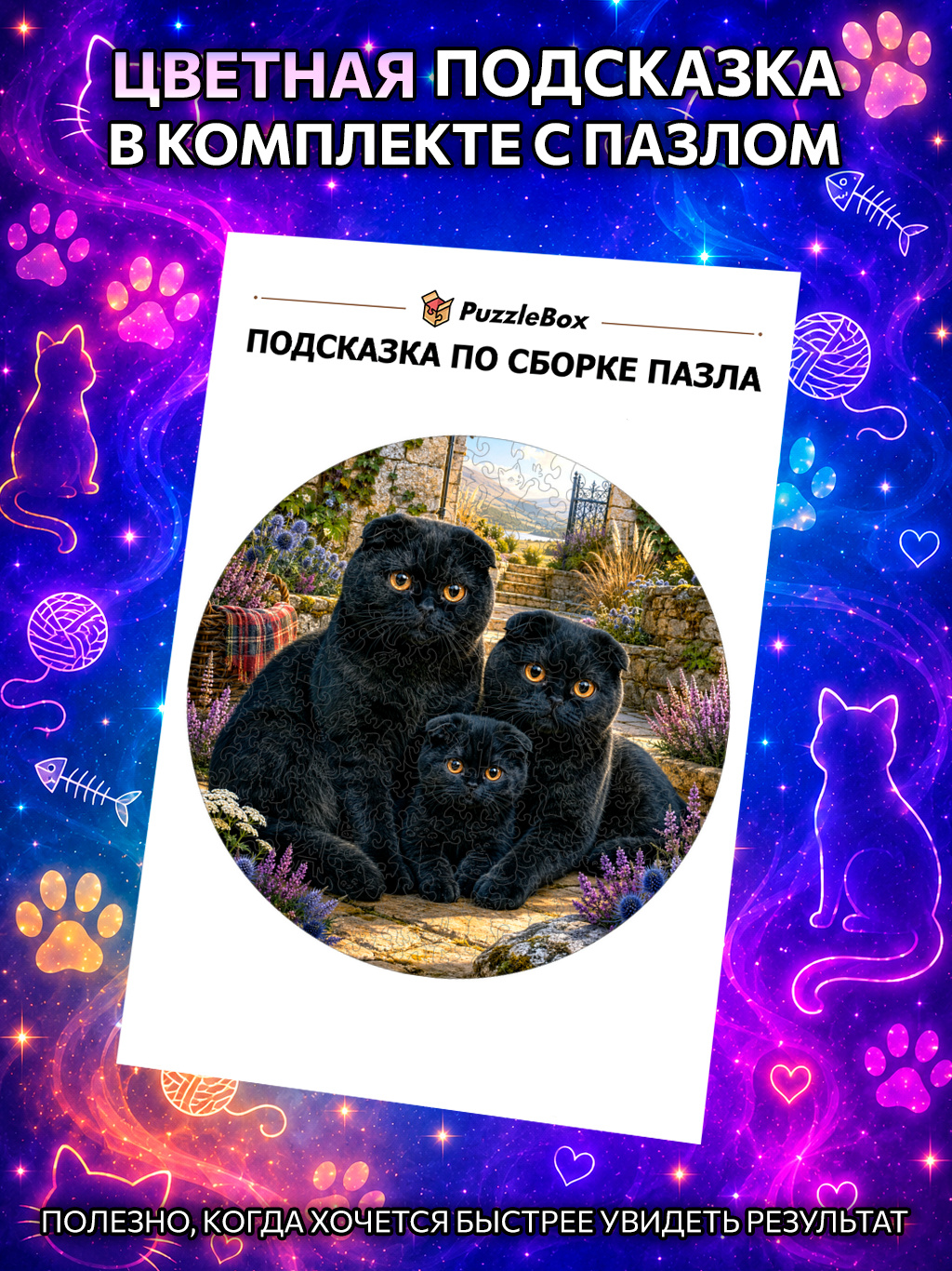 Деревянный пазл "Семья чёрных шотландских вислоухих кошек" / 30см, 200 деталей