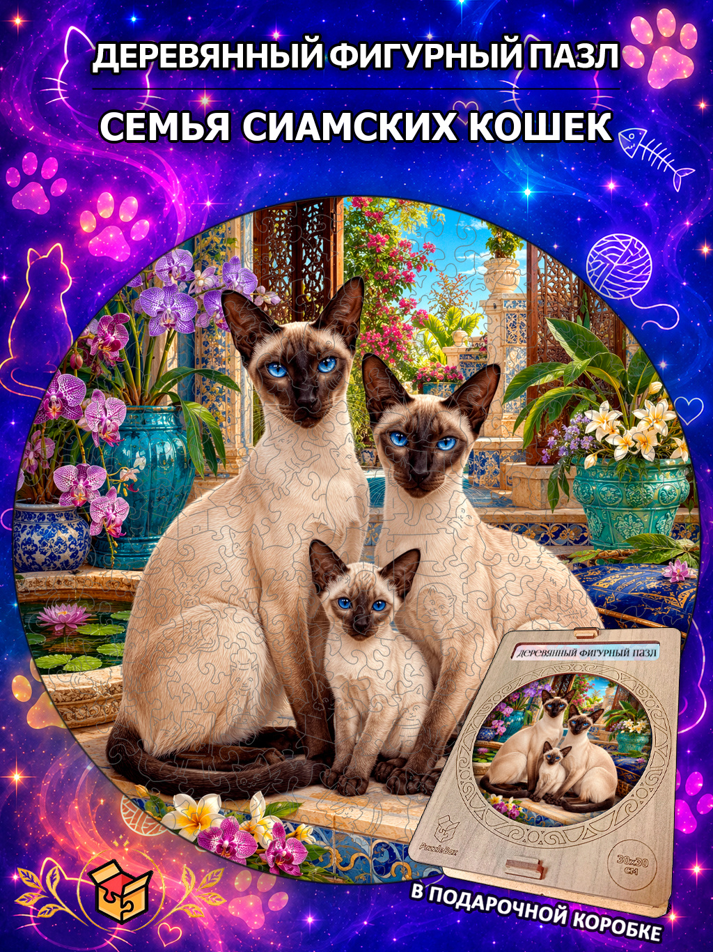 Деревянный пазл "Семья сиамских кошек" / 30см, 200 деталей
