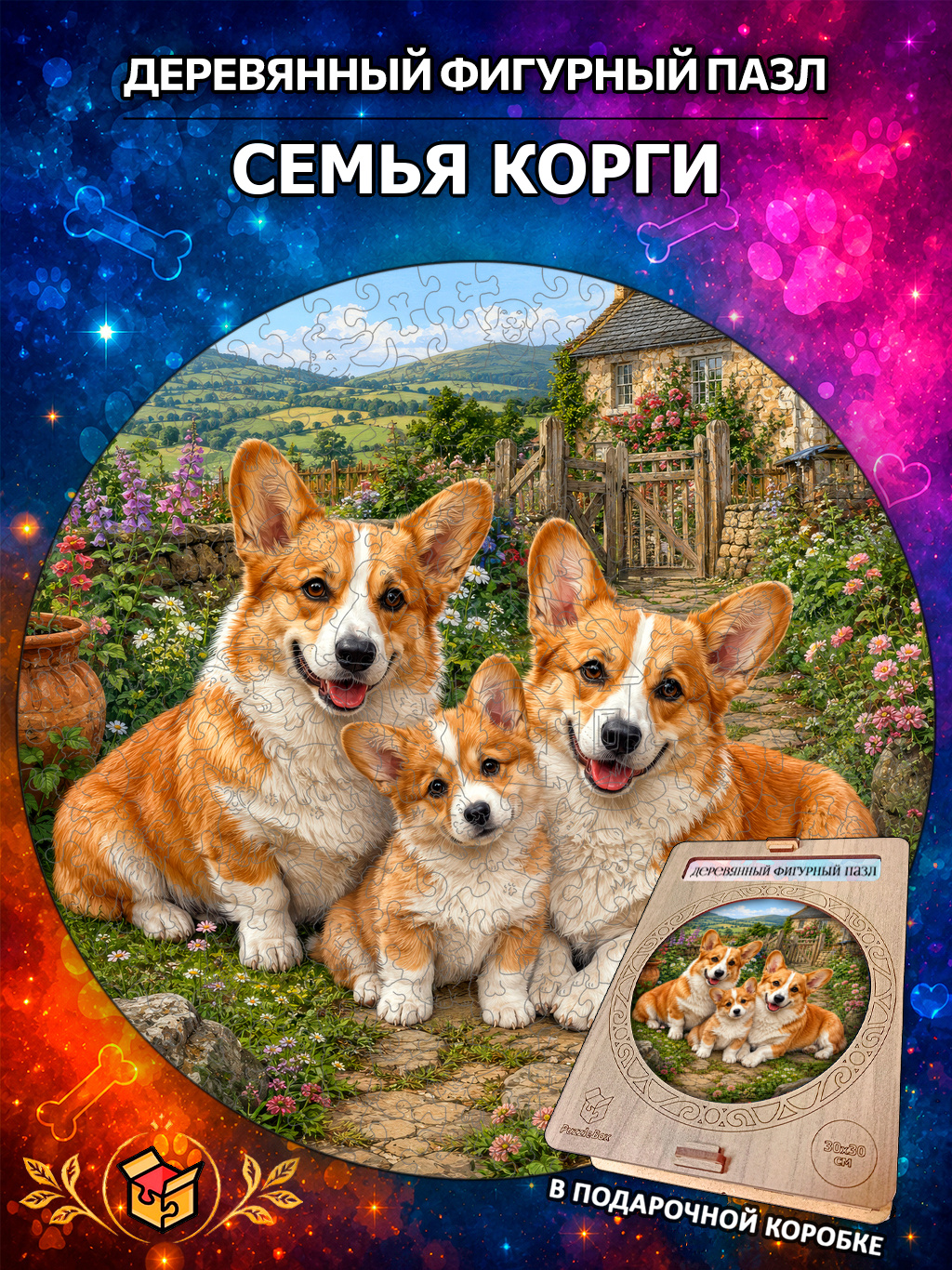 Деревянный пазл "Семья Корги" / 30см, 220 деталей