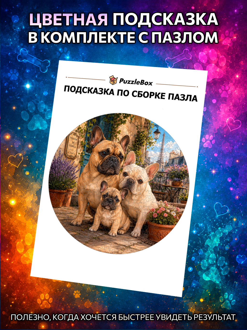 Деревянный пазл "Семья французских бульдогов" / 30см, 220 деталей