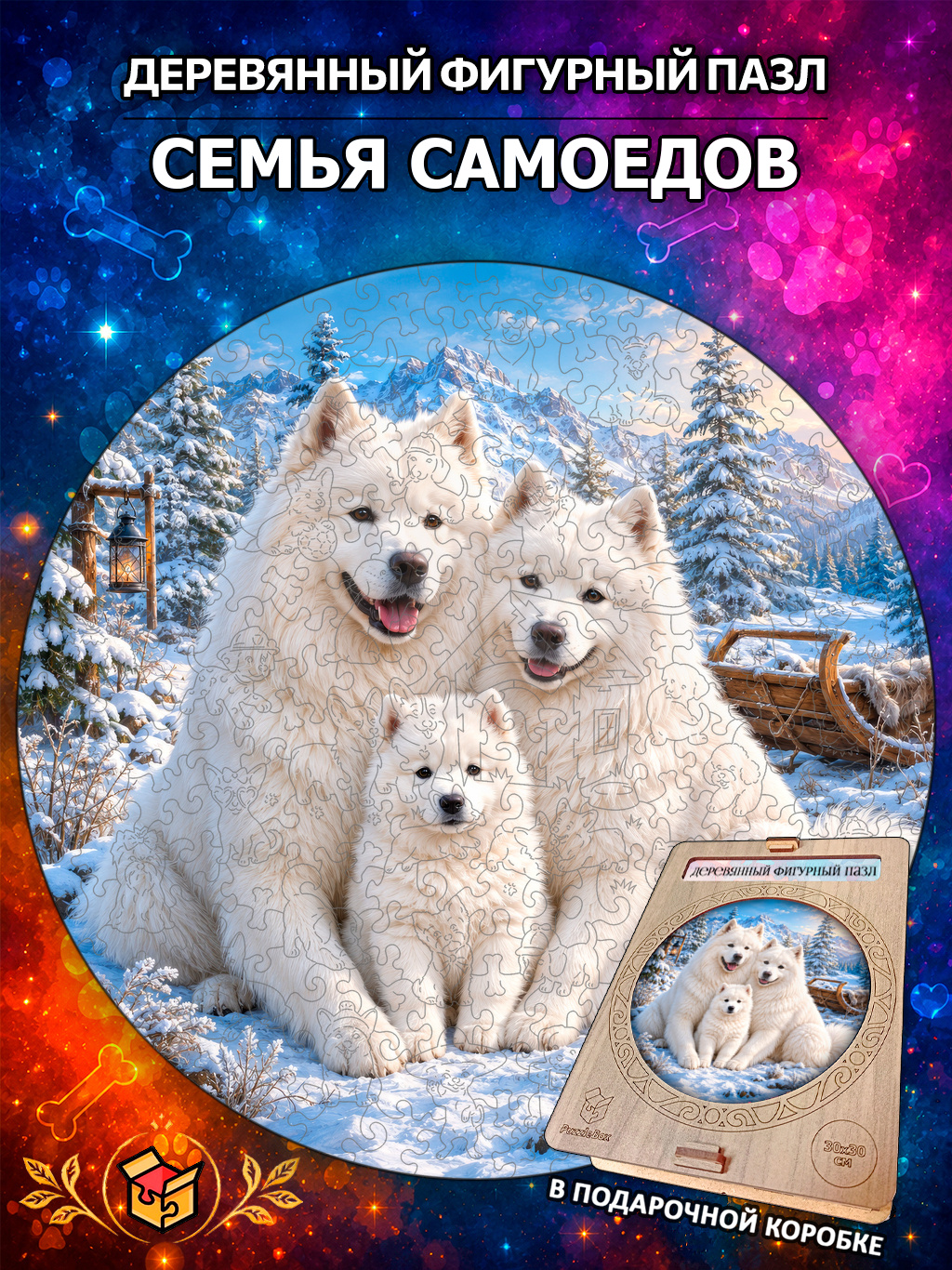 Деревянный пазл "Семья Самоедов" / 30см, 220 деталей