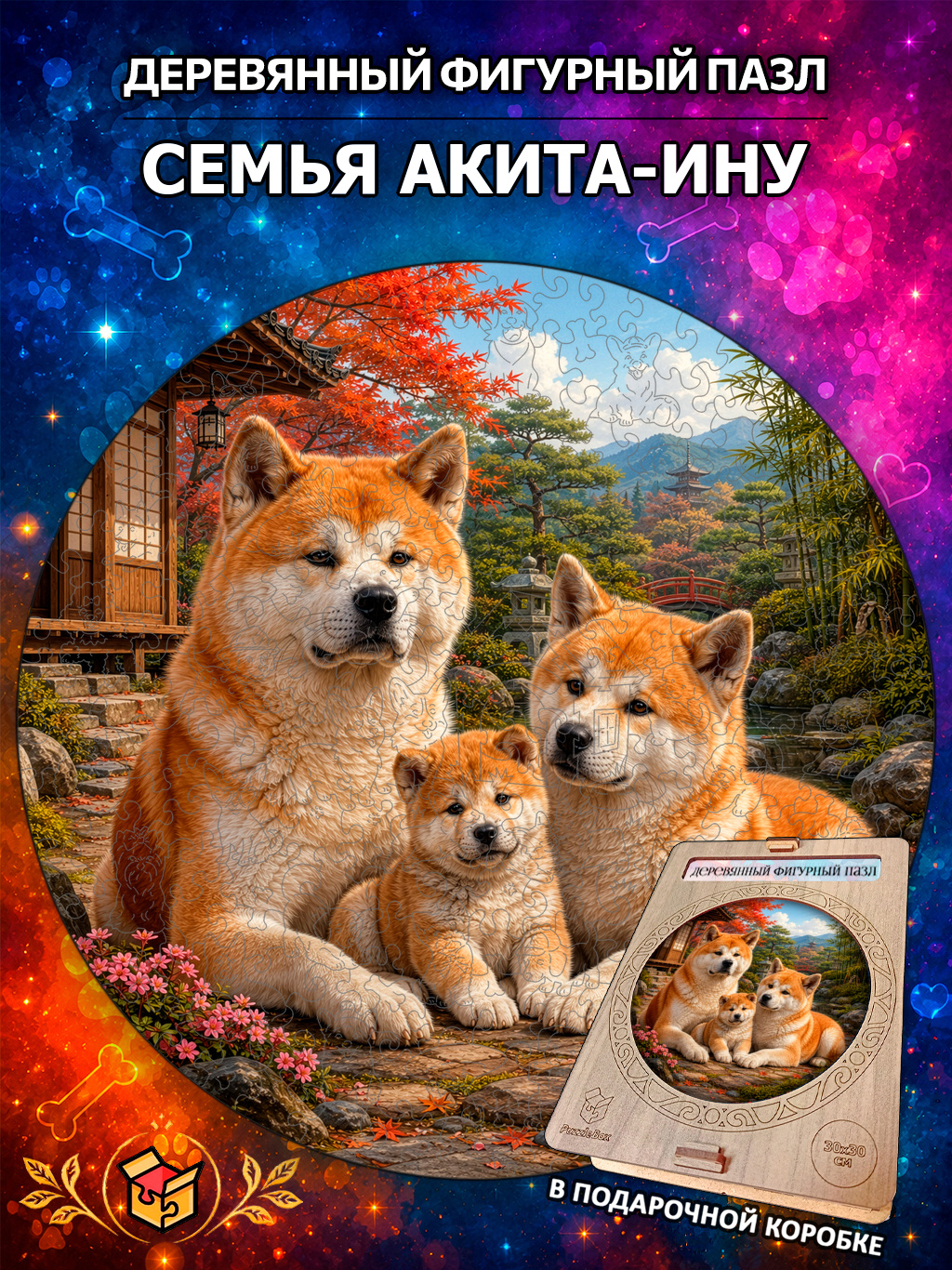 Деревянный пазл "Семья Акита-ину" / 30см, 220 деталей