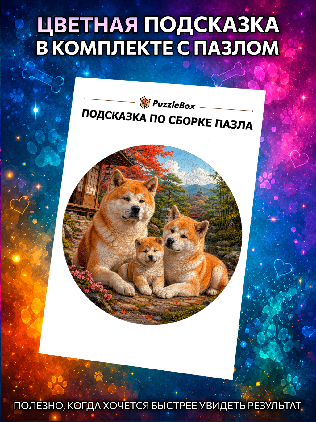 Деревянный пазл "Семья Акита-ину" / 30см, 220 деталей