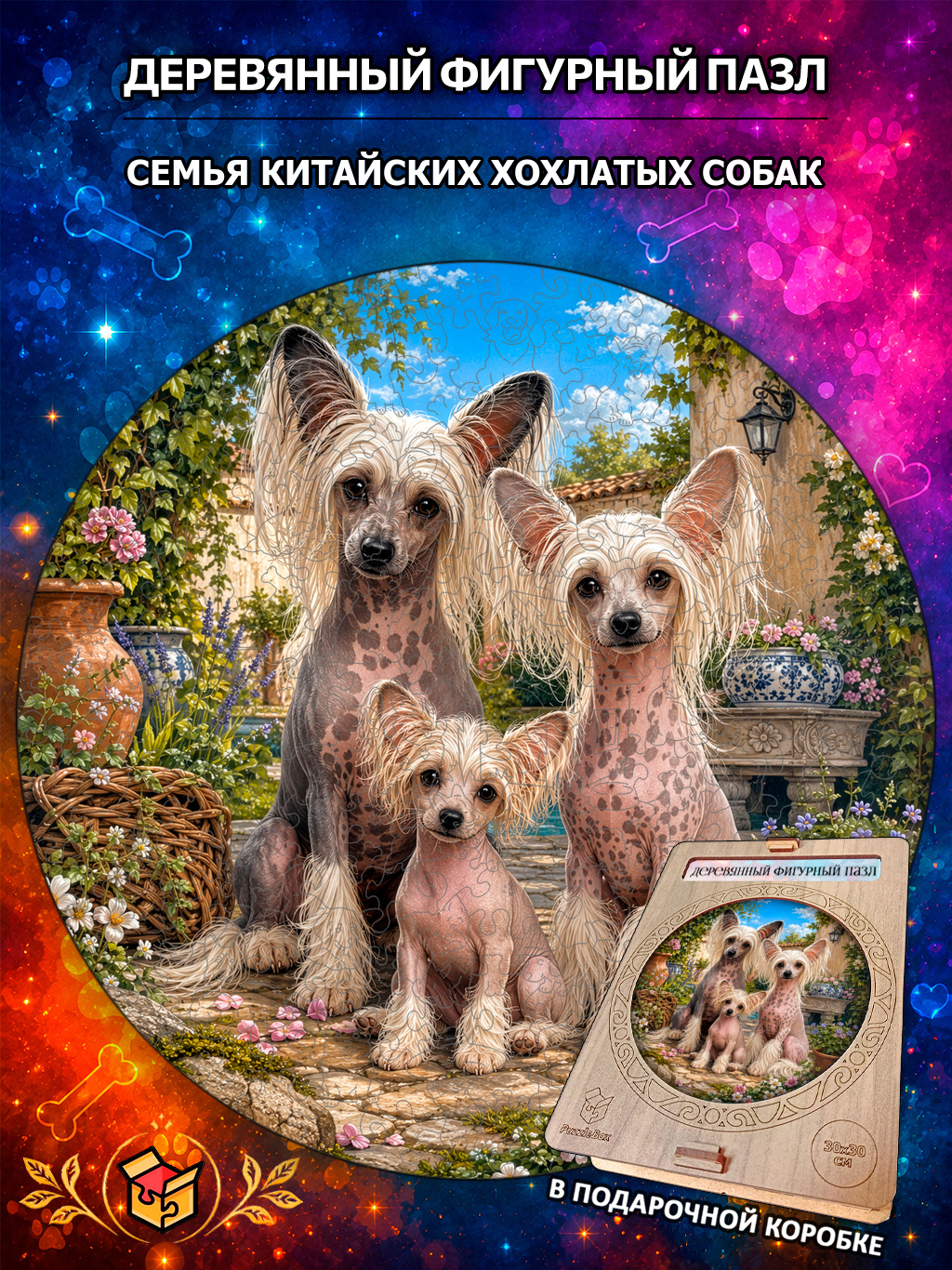 Деревянный пазл "Семья Китайских хохлатых собак" / 30см, 220 деталей