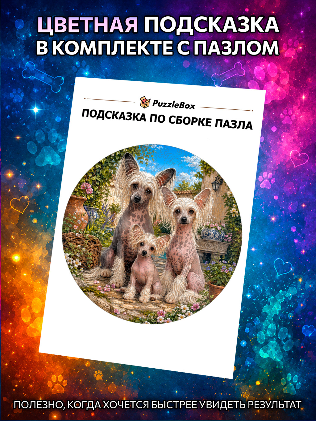 Деревянный пазл "Семья Китайских хохлатых собак" / 30см, 220 деталей
