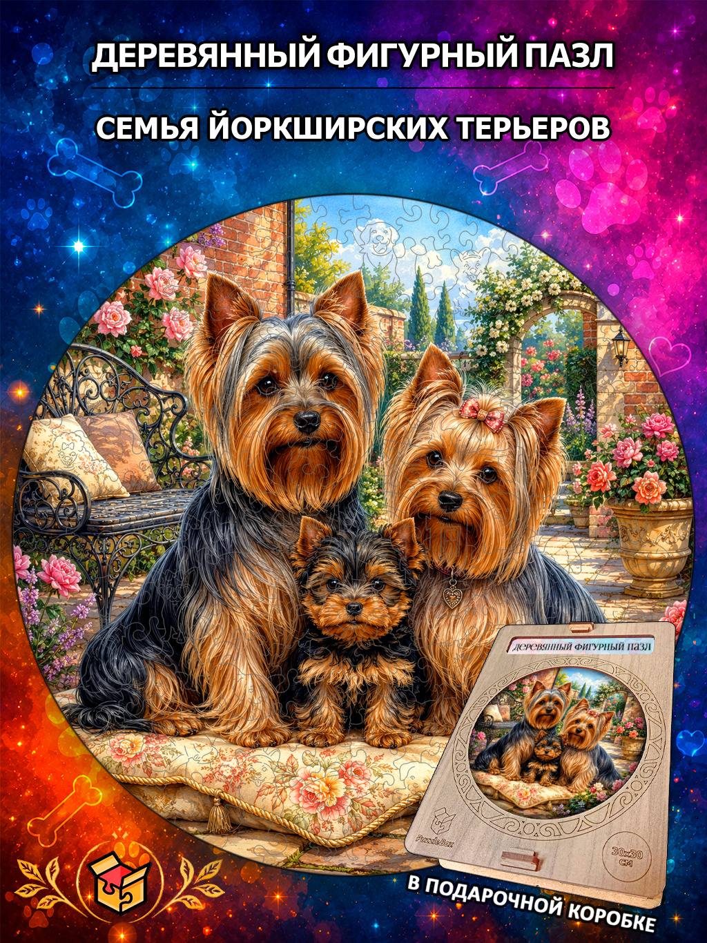 Деревянный пазл "Семья Йоркширских терьеров" / 30см, 220 деталей