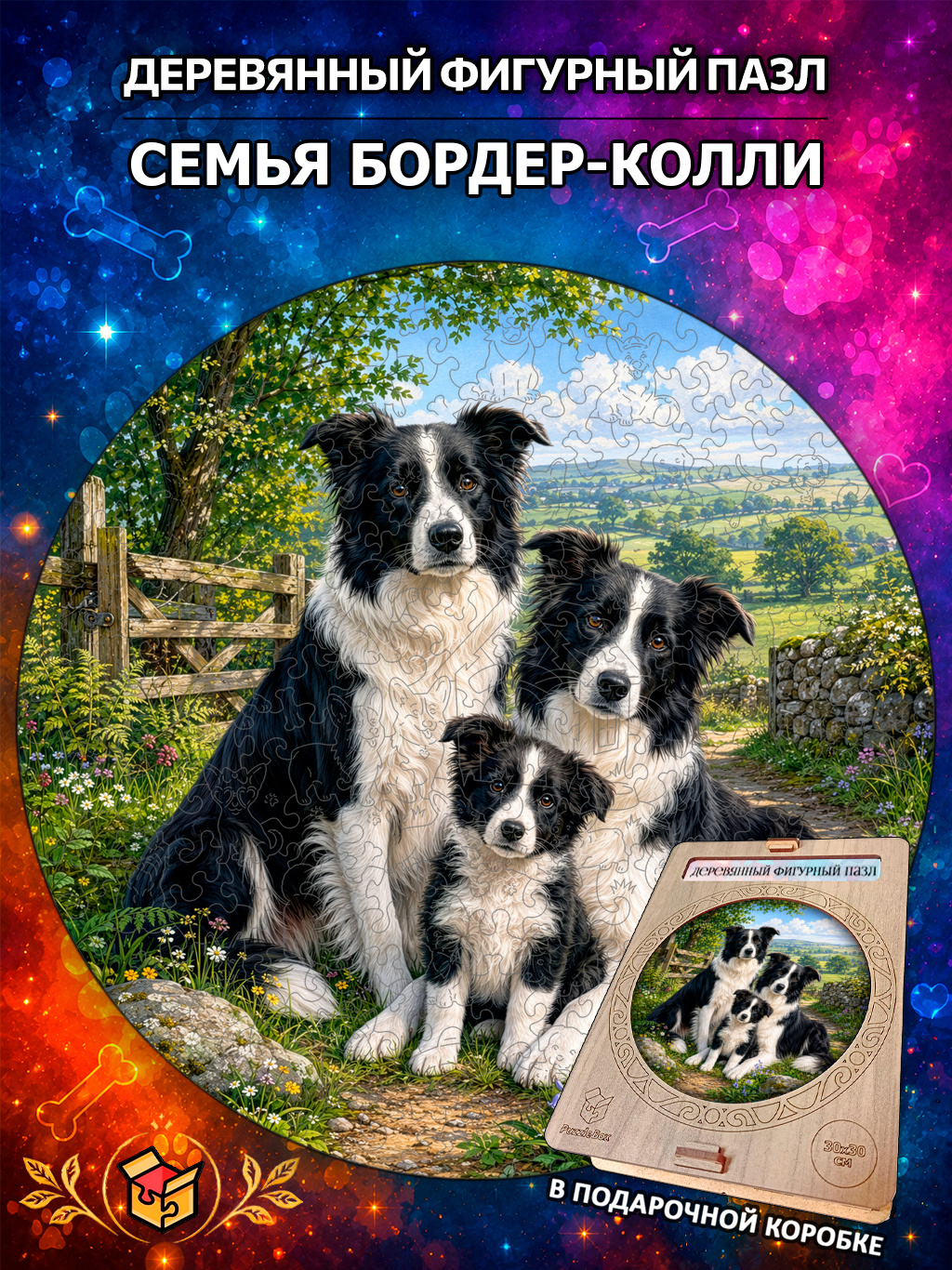 Деревянный пазл "Семья Бордер-колли" / 30см, 220 деталей