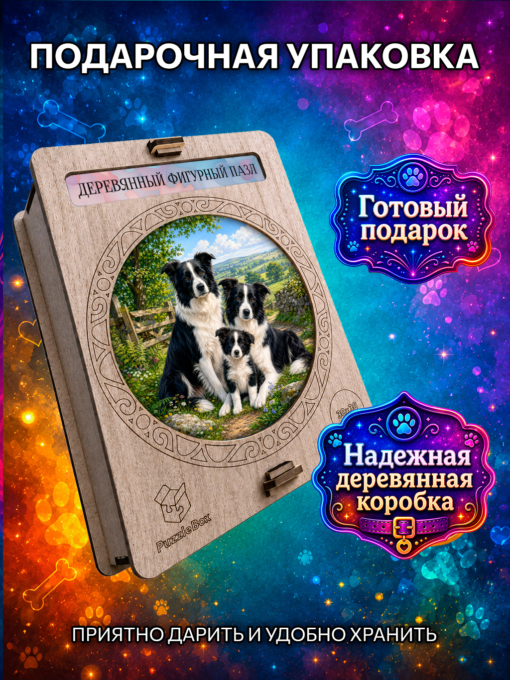 Деревянный пазл "Семья Бордер-колли" / 30см, 220 деталей