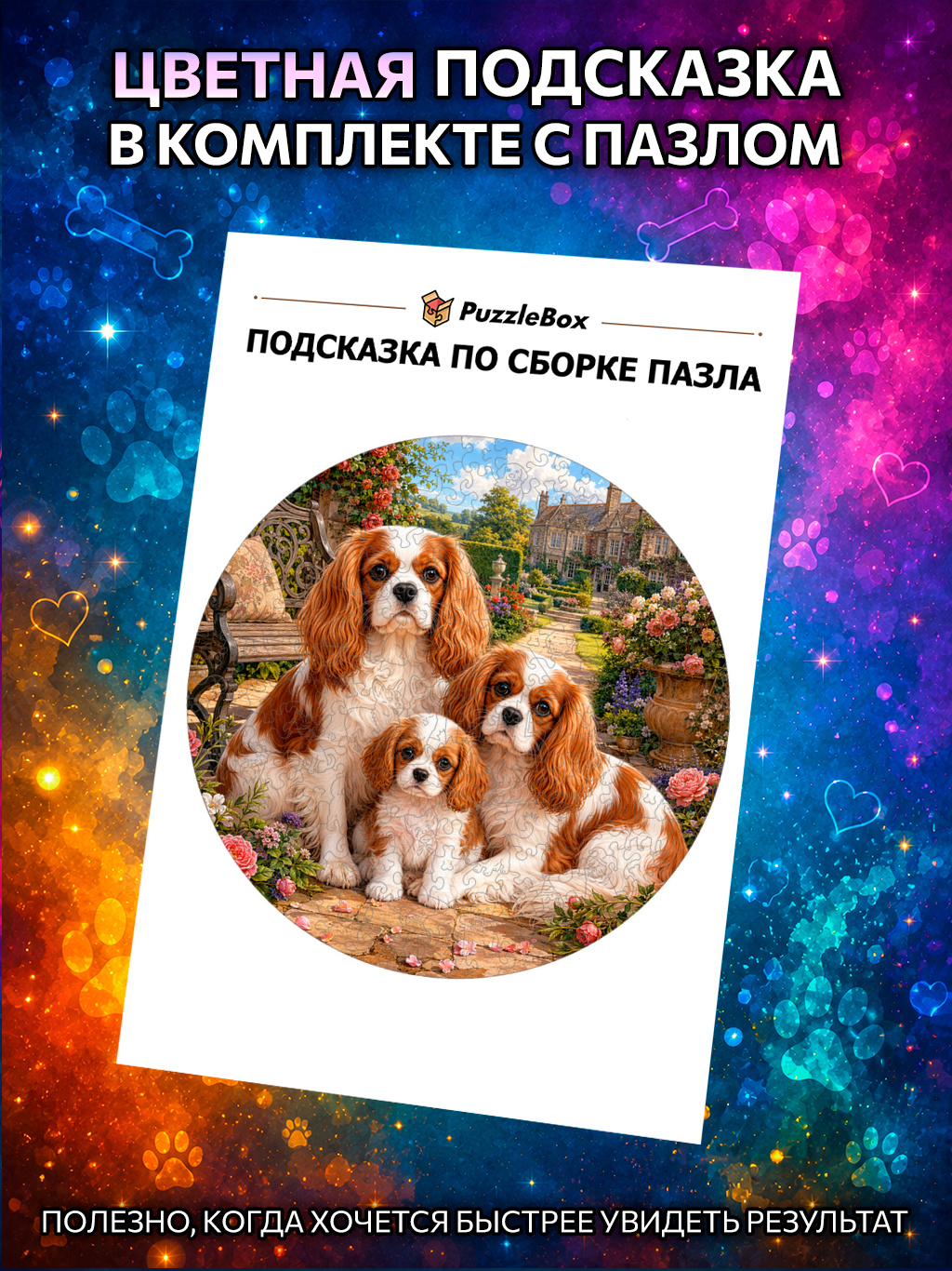 Деревянный пазл "Семья Кавалер-кинг-чарльз-спаниелей" / 30см, 220 деталей