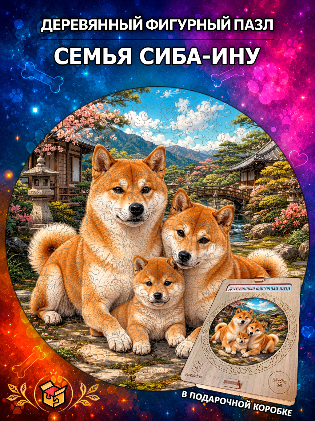Деревянный пазл "Семья Сиба-ину" / 30см, 220 деталей