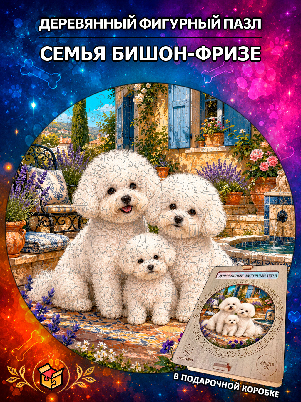 Деревянный пазл "Семья Бишон-фризе" / 30см, 220 деталей