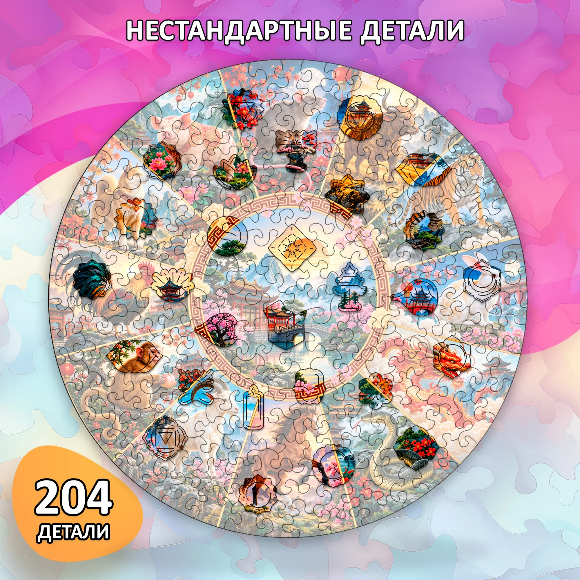 Деревянный пазл "Китайский гороскоп" / 30х30см, 204 деталей