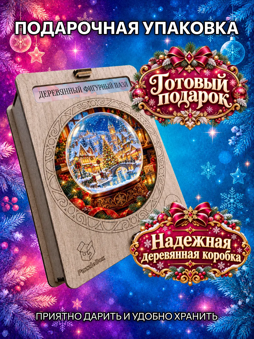 Деревянный пазл "Новогодний снежный шар" / 30 см, 185 деталей
